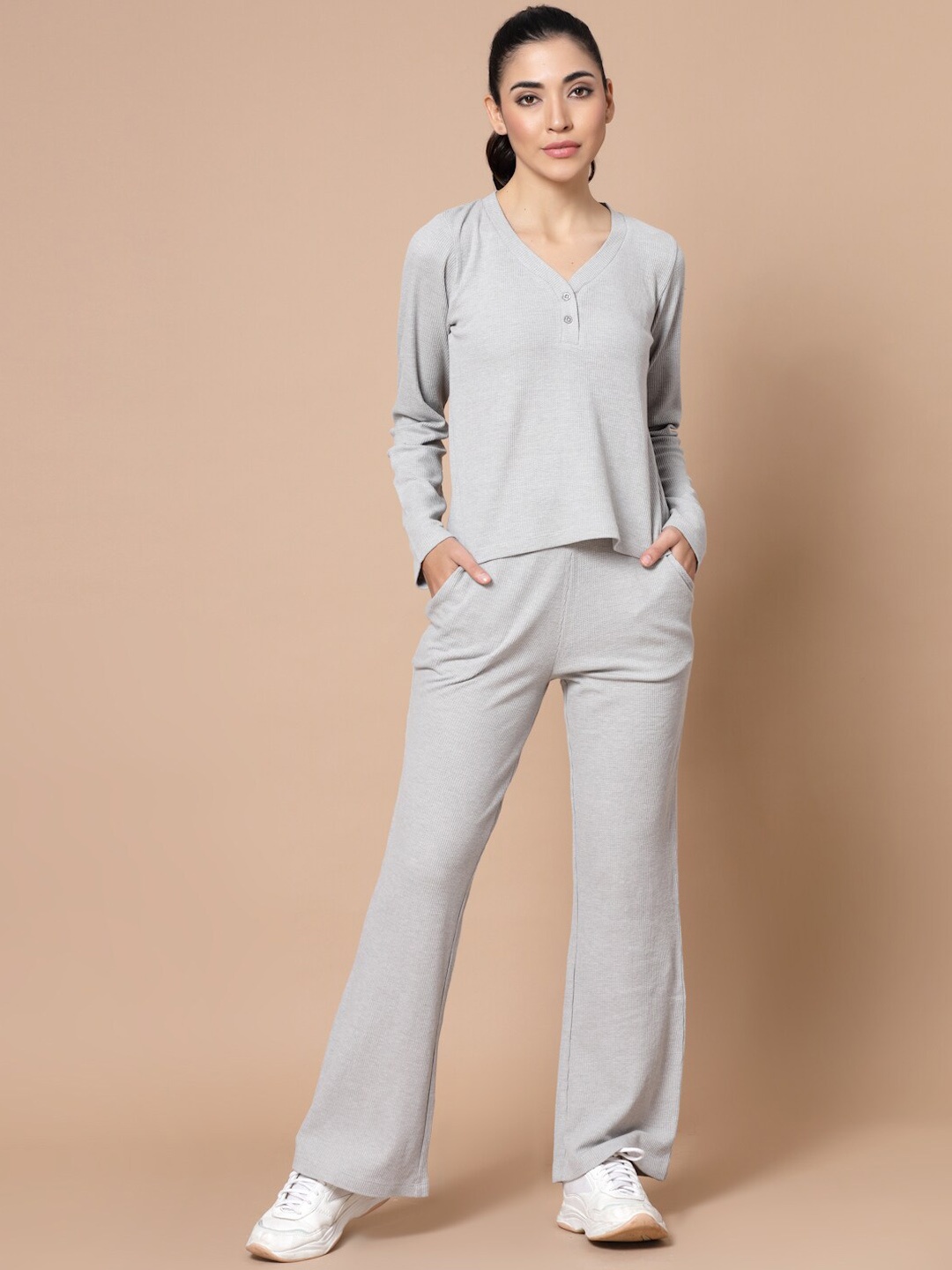

Strong And Brave V-Neck Long Sleeves Odour Free Top With Trouser, Grey