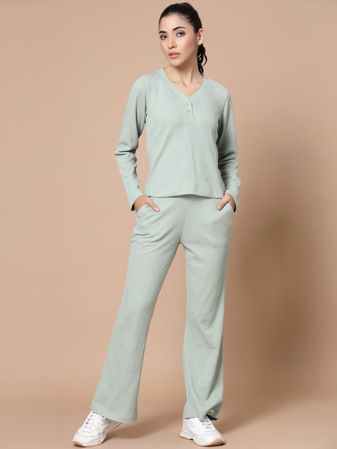 

Strong And Brave V-Neck Long Sleeves Odour Free Top With Trouser, Green
