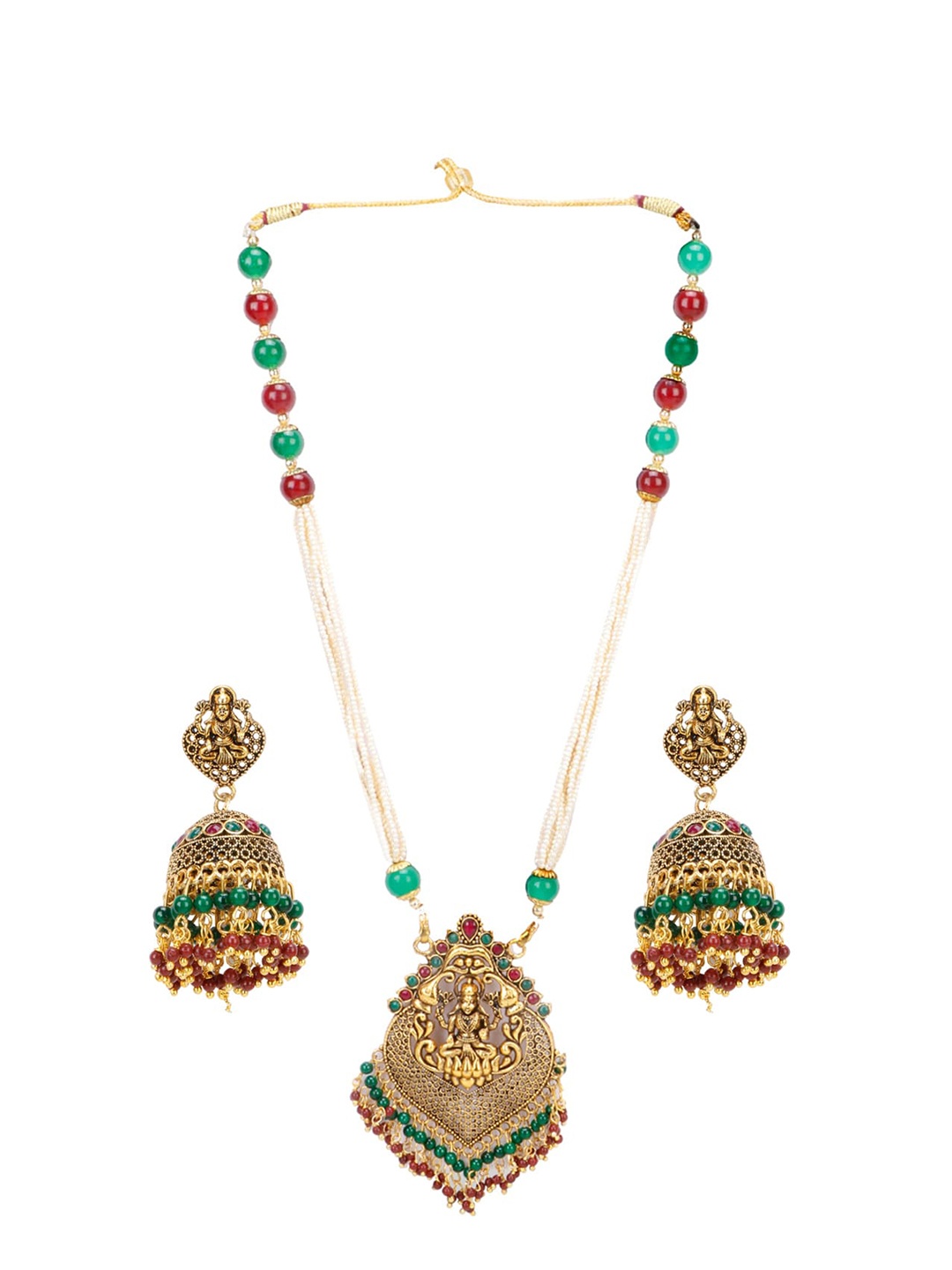 

PRASUB Gold-Plated Pearl Beaded Temple Jewellery Set, Green