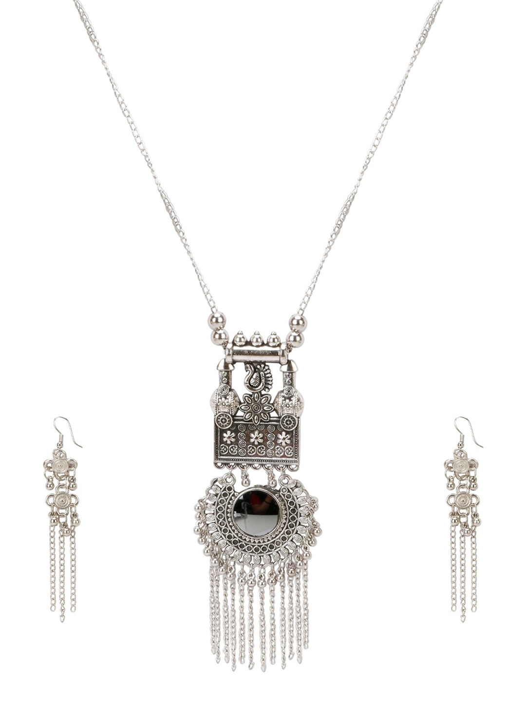 

PRASUB Silver-Plated Mirror Oxidized Stone Beaded Jewellery Set