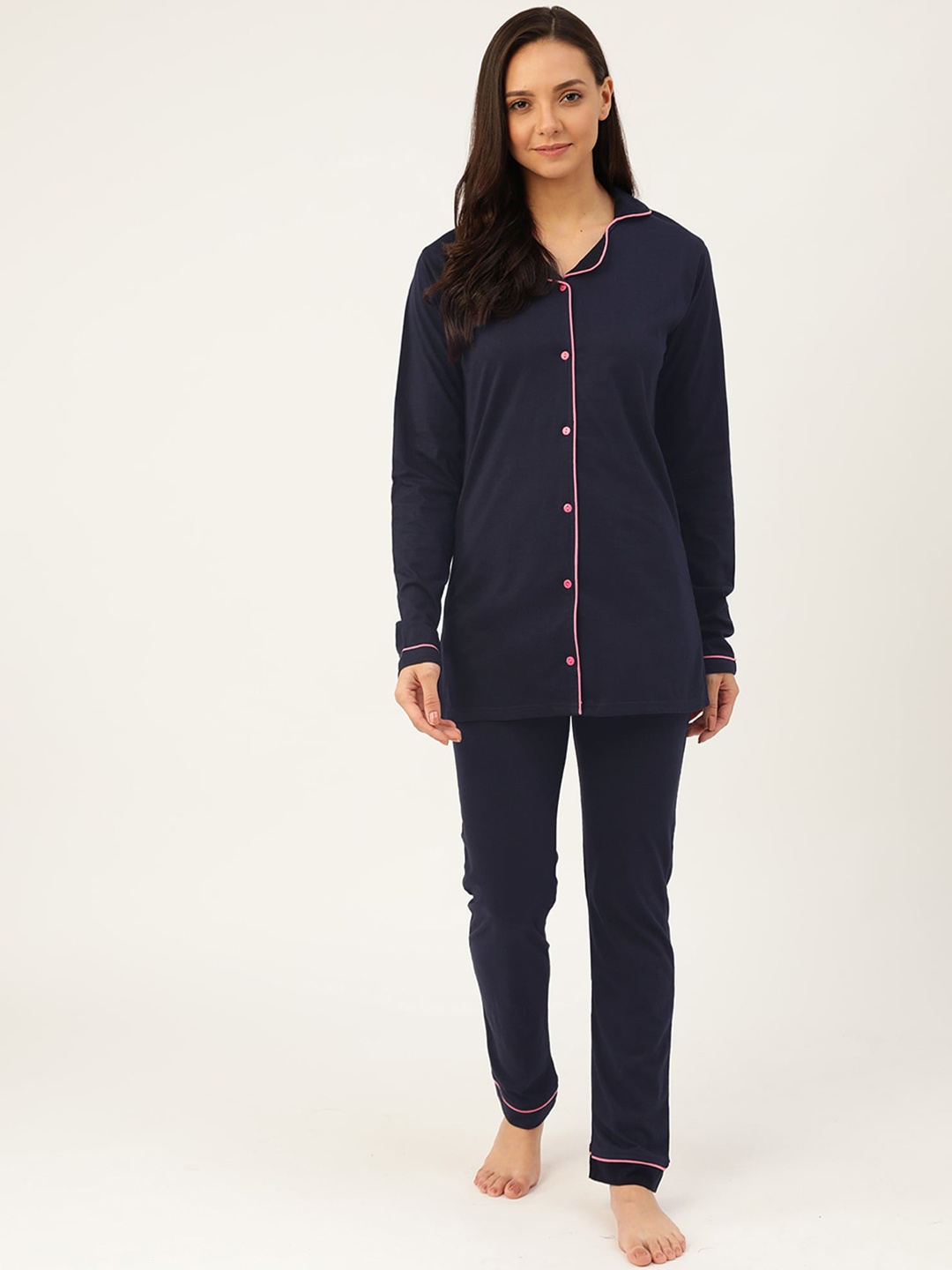 

MBeautiful Lapel Collar Pure Cotton Night Suit, Navy blue