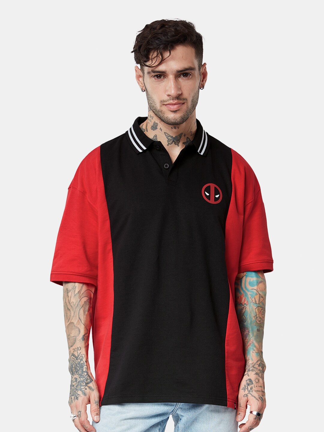 

The Souled Store Colourblocked Deadpool Polo Collar Pure Cotton Oversized T-Shirt, Black