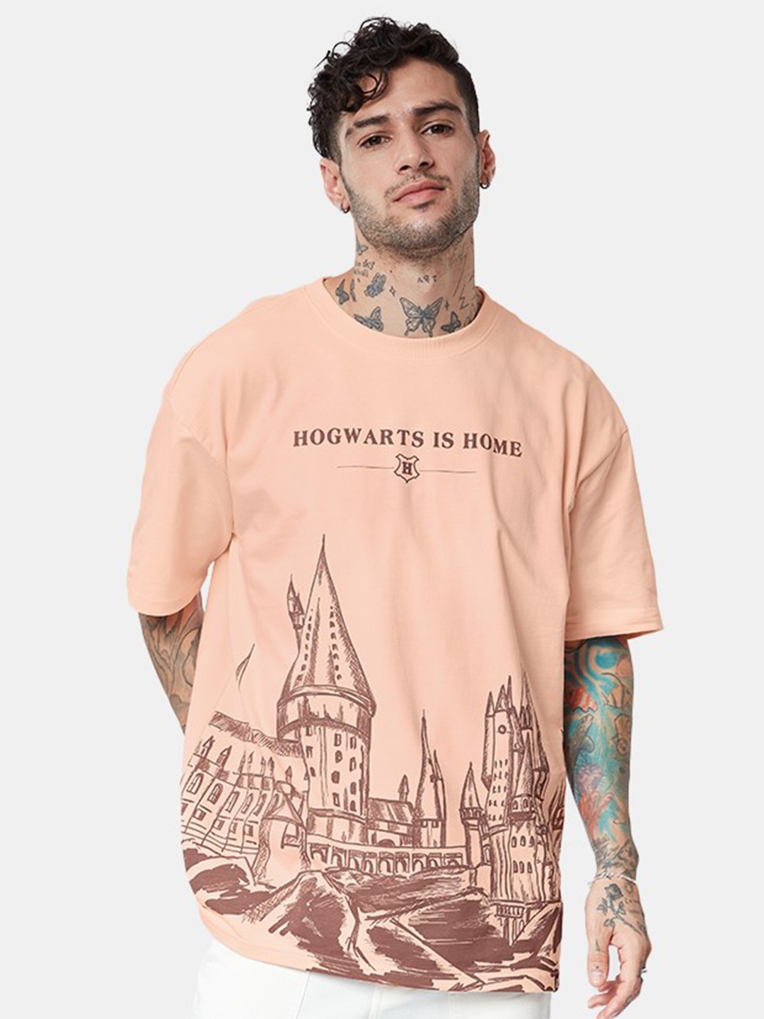 

The Souled Store Peach & Brown Graphic Printed Harry Potter Oversized T-Shirt