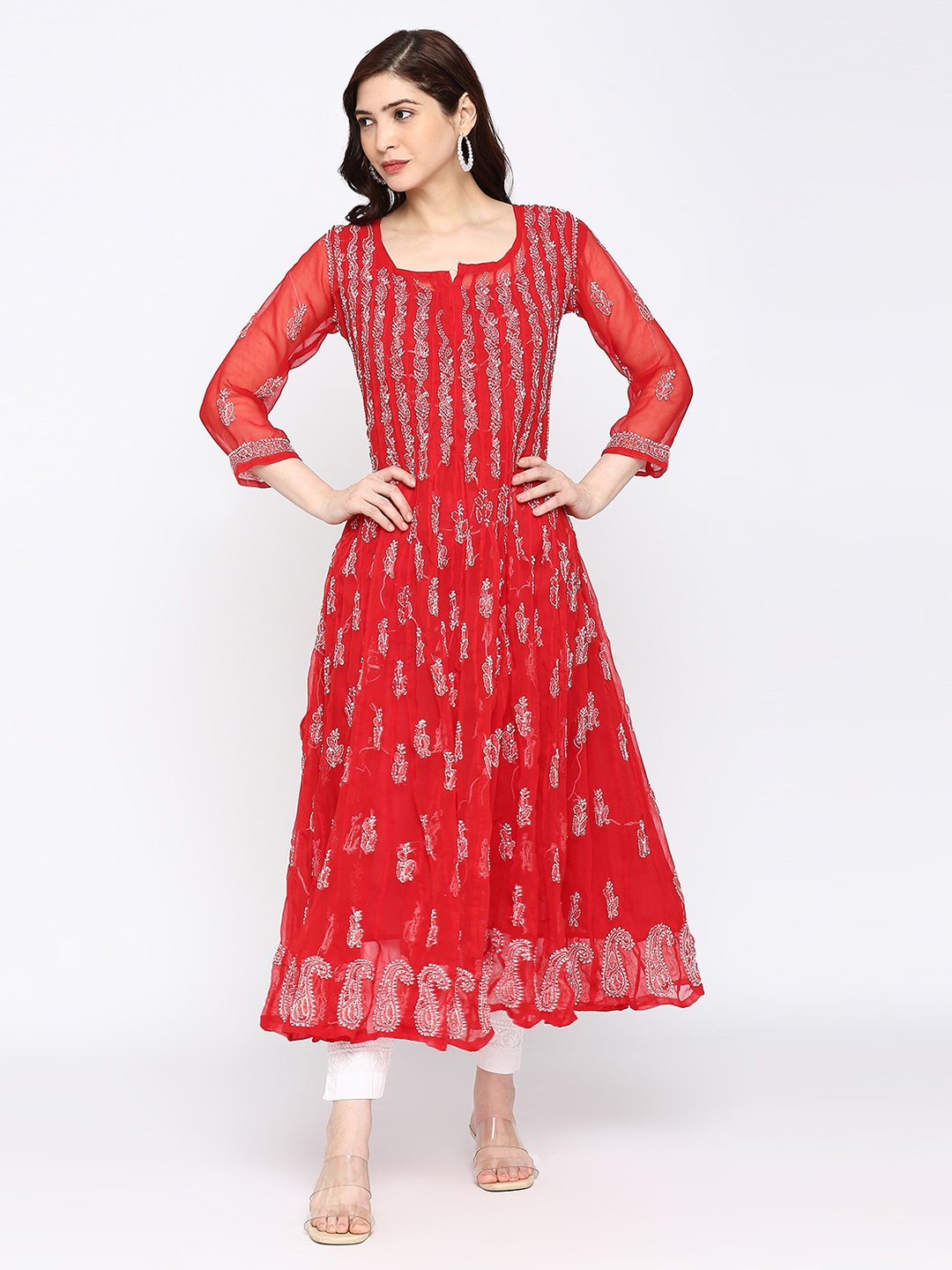 

Indiankala4u Ethnic Motifs Embroidered Chikankari Georgette Anarkali Kurta, Red