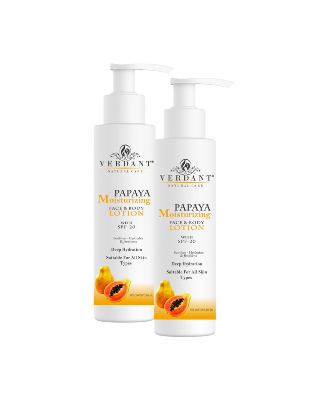 

Verdant Natural Care Set Of 2 Papaya Moisturizing Body Lotion with SPF 20 - 200 ml Each, White