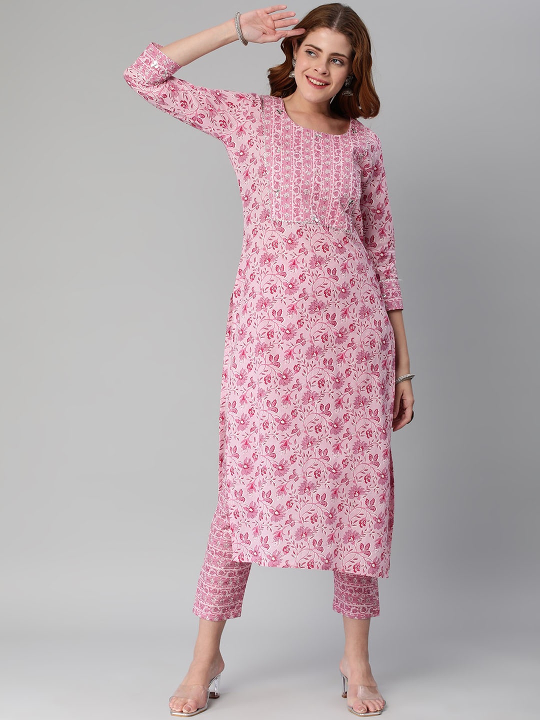 

KALINI Floral Printed Gotta Patti Kurta with Trousers, Pink