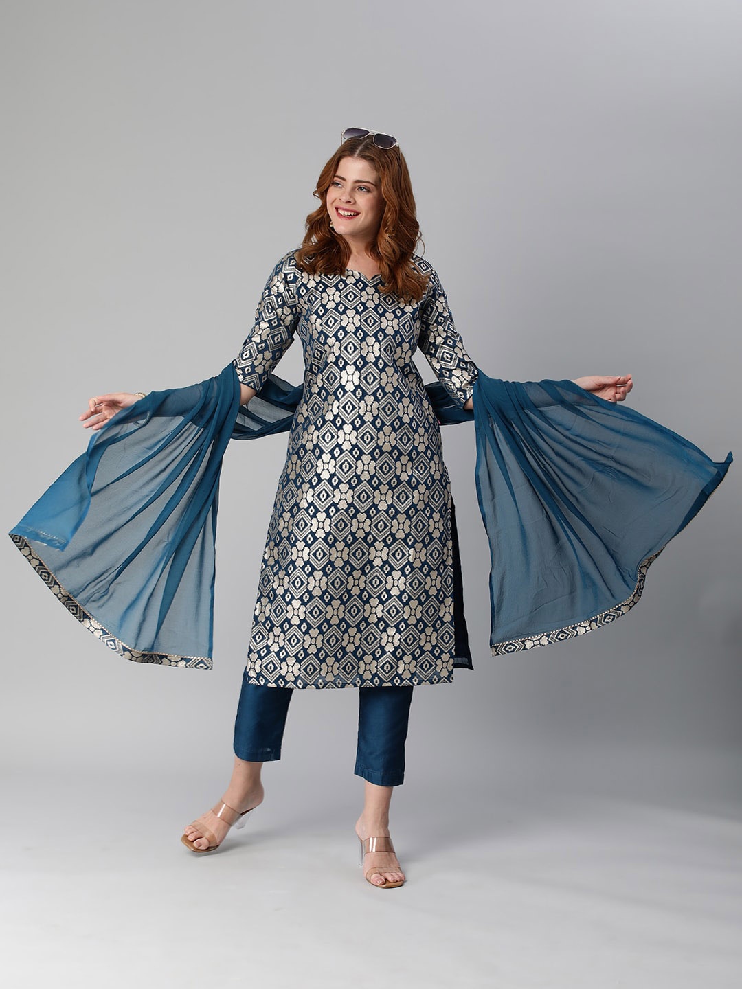 

KALINI Ethnic Motifs Straight Woven Zari Kurta with Trouser & Dupatta, Navy blue