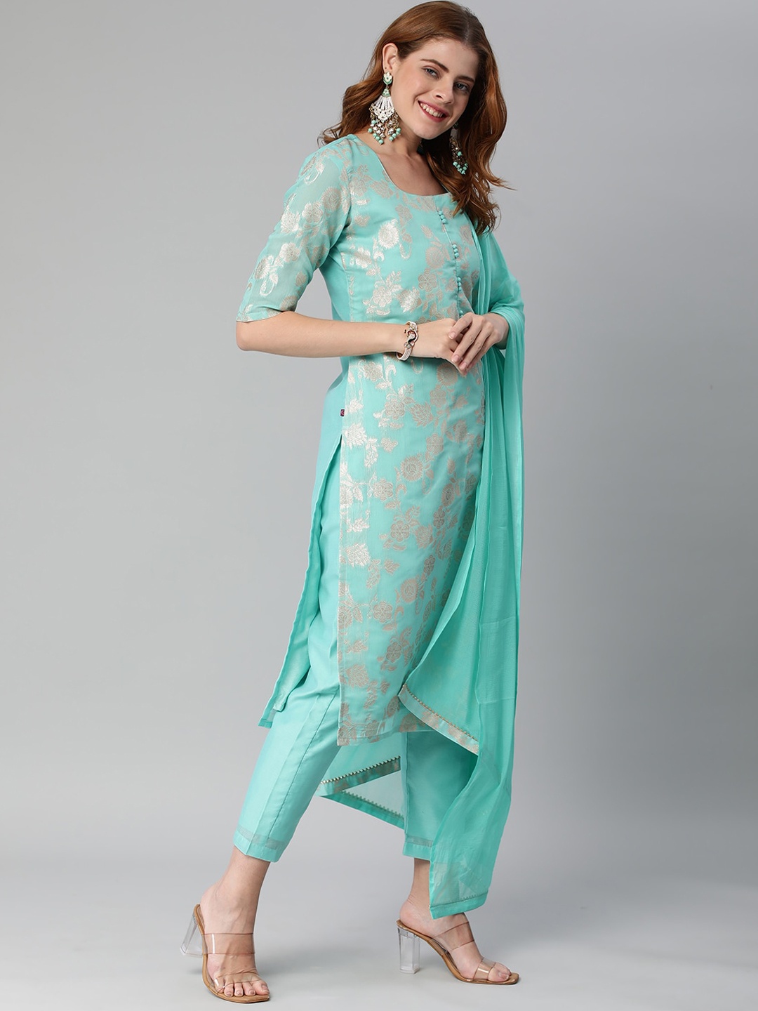 

KALINI Women Regular Zari Kurta with Trousers & Dupatta, Sea green