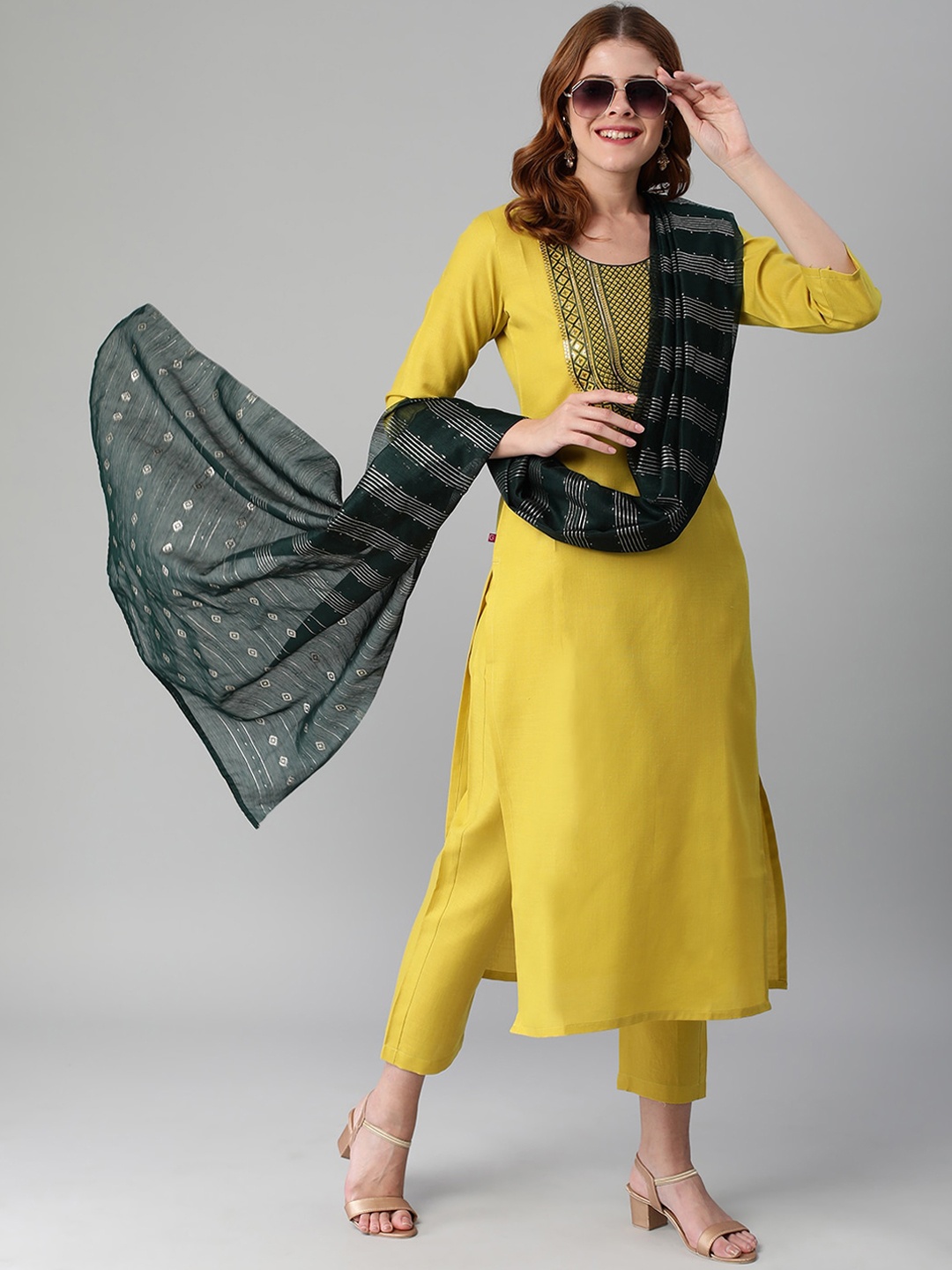 

KALINI Ethnic Motifs Yoke Design Sequinned Kurta with Trousers & Dupatta, Yellow