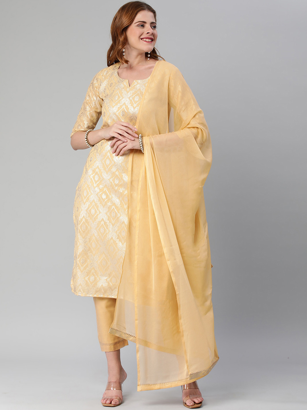 

KALINI Ethnic Motifs Straight Zari Woven Kurta with Trouser & Dupatta, Yellow