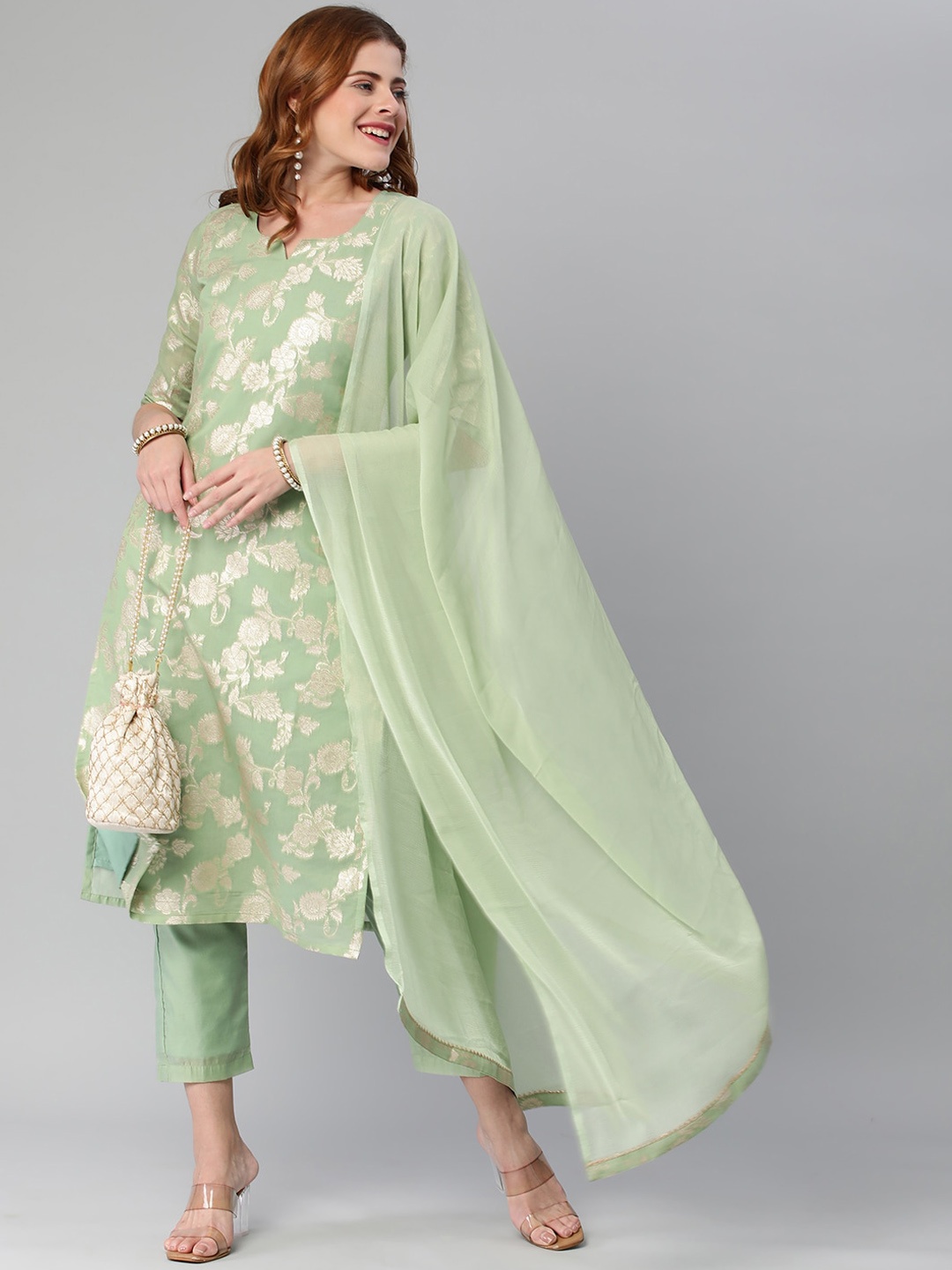 

KALINI Floral Straight Zari Woven Kurta with Trouser & Dupatta, Green