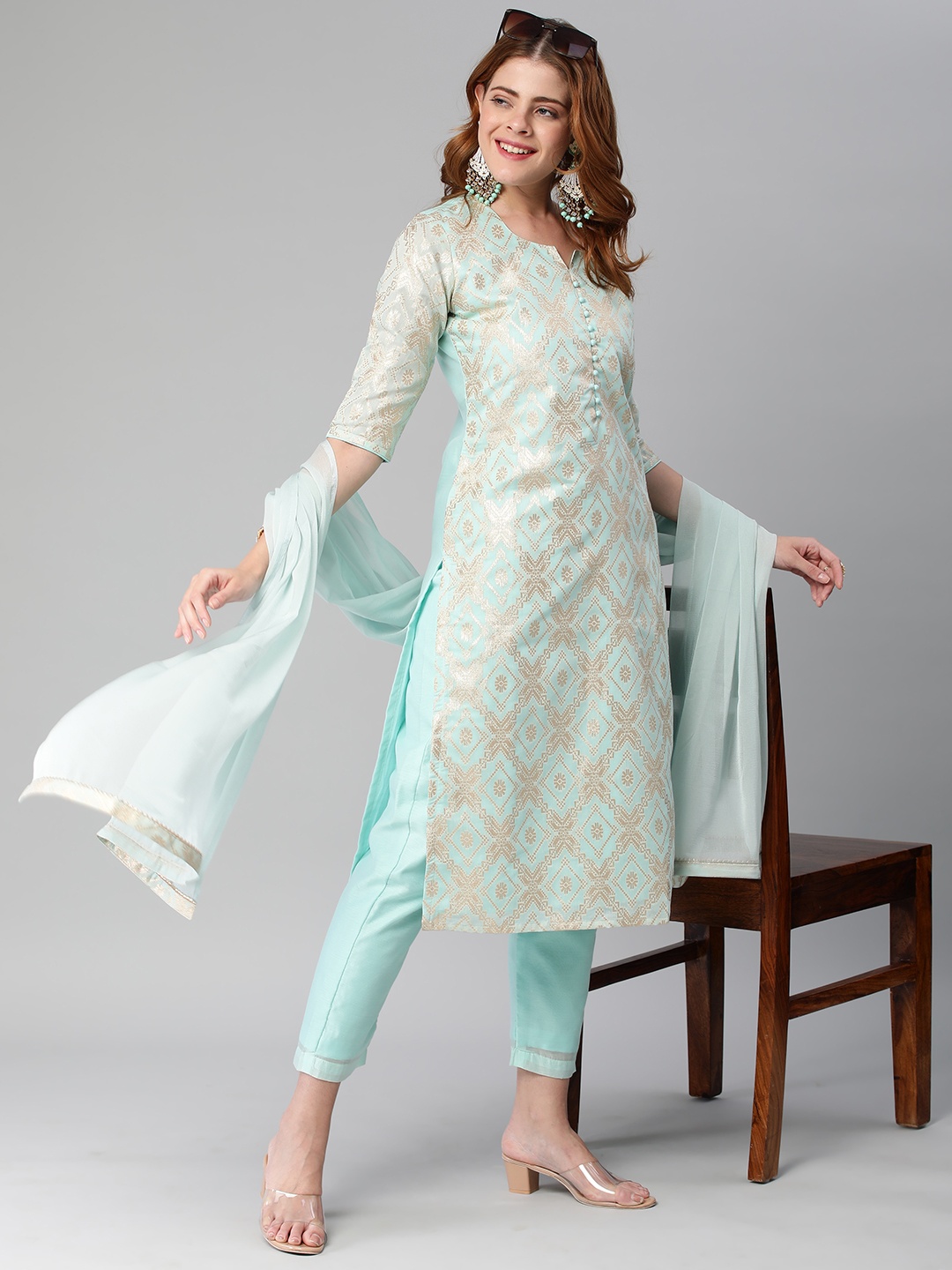 

KALINI Ethnic Motifs Straight Zari Woven Kurta with Trouser & Dupatta, Sea green