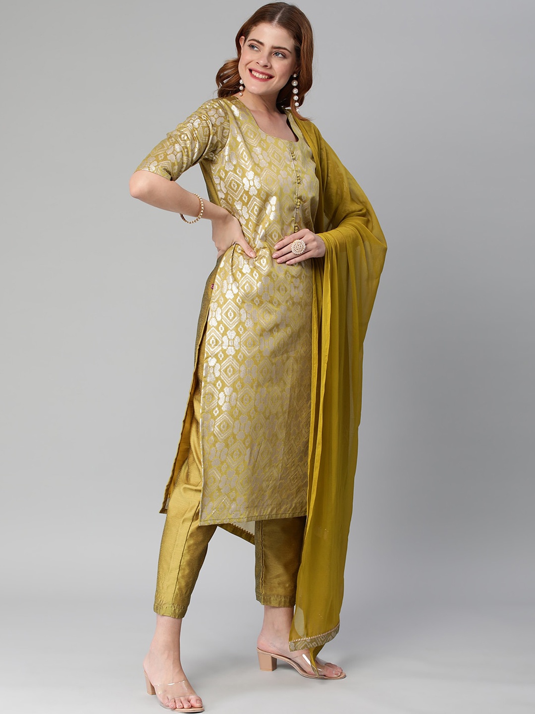 

KALINI Woven Design Straight Kurta with Trousers & Dupatta, Olive