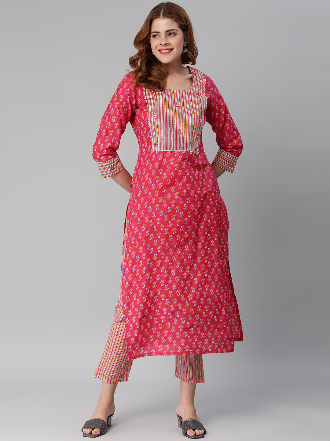 

KALINI Ethnic Motifs Printed Gotta Patti Straight Kurta with Trousers, Pink