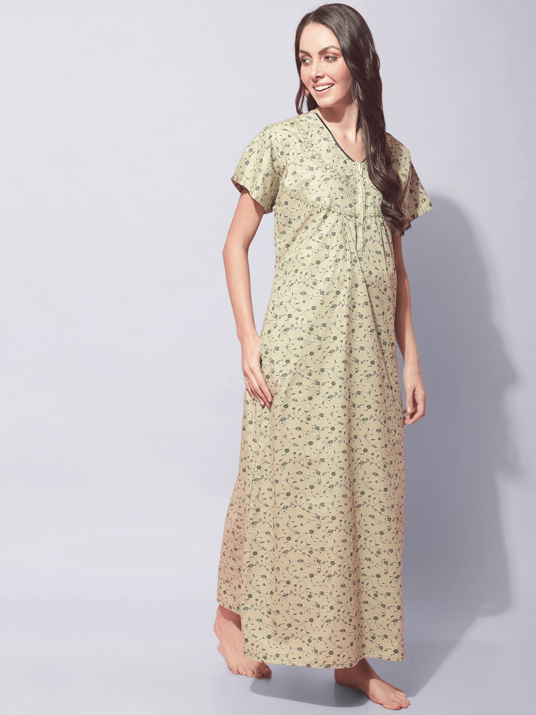 

Secret Wish Floral Printed Pure Cotton Maxi Nightdress, Green