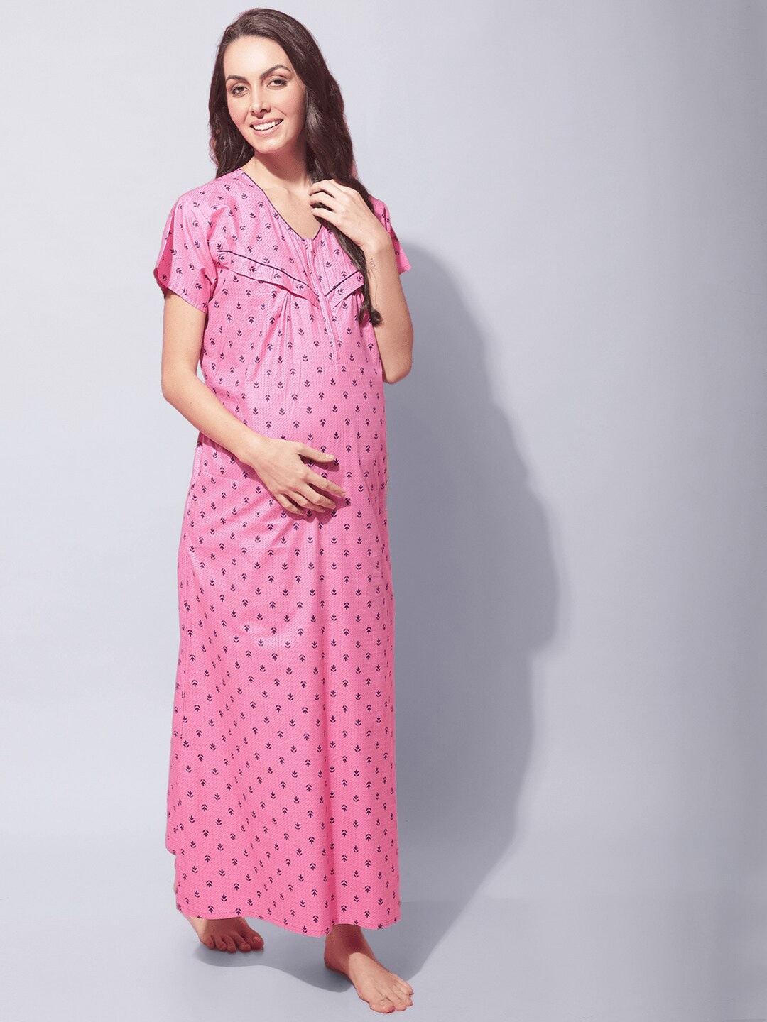 

Secret Wish Maternity Floral Printed Pure Cotton Maxi Nightdress, Pink