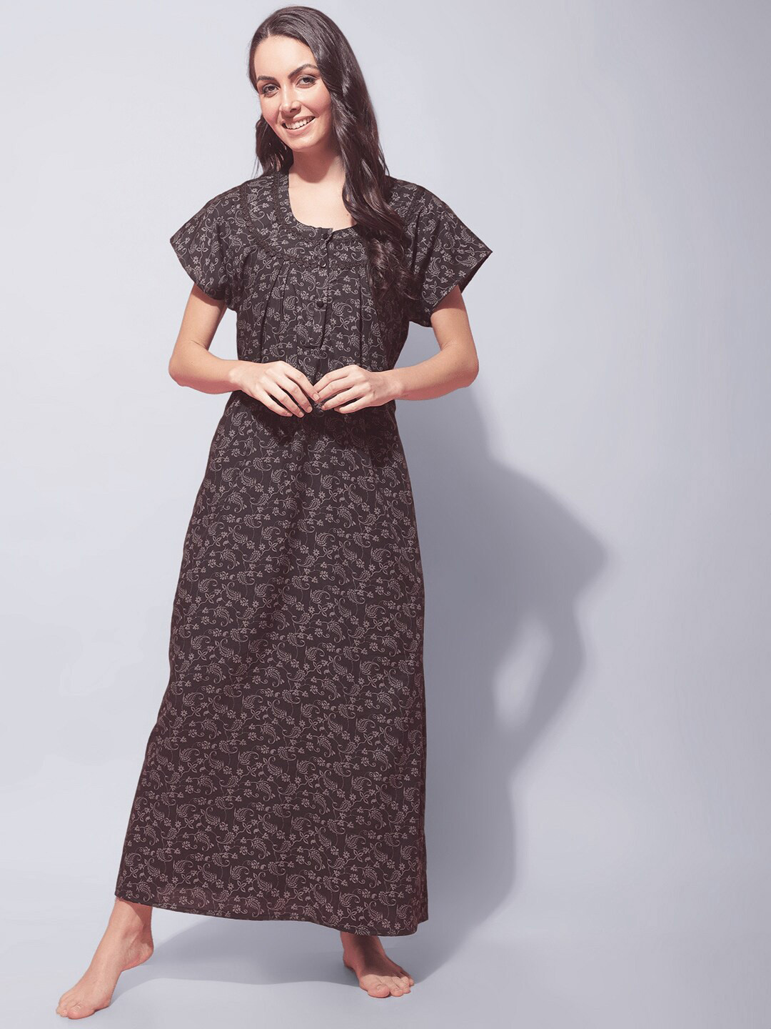 

Secret Wish Floral Printed Pure Cotton Maxi Nightdress, Black