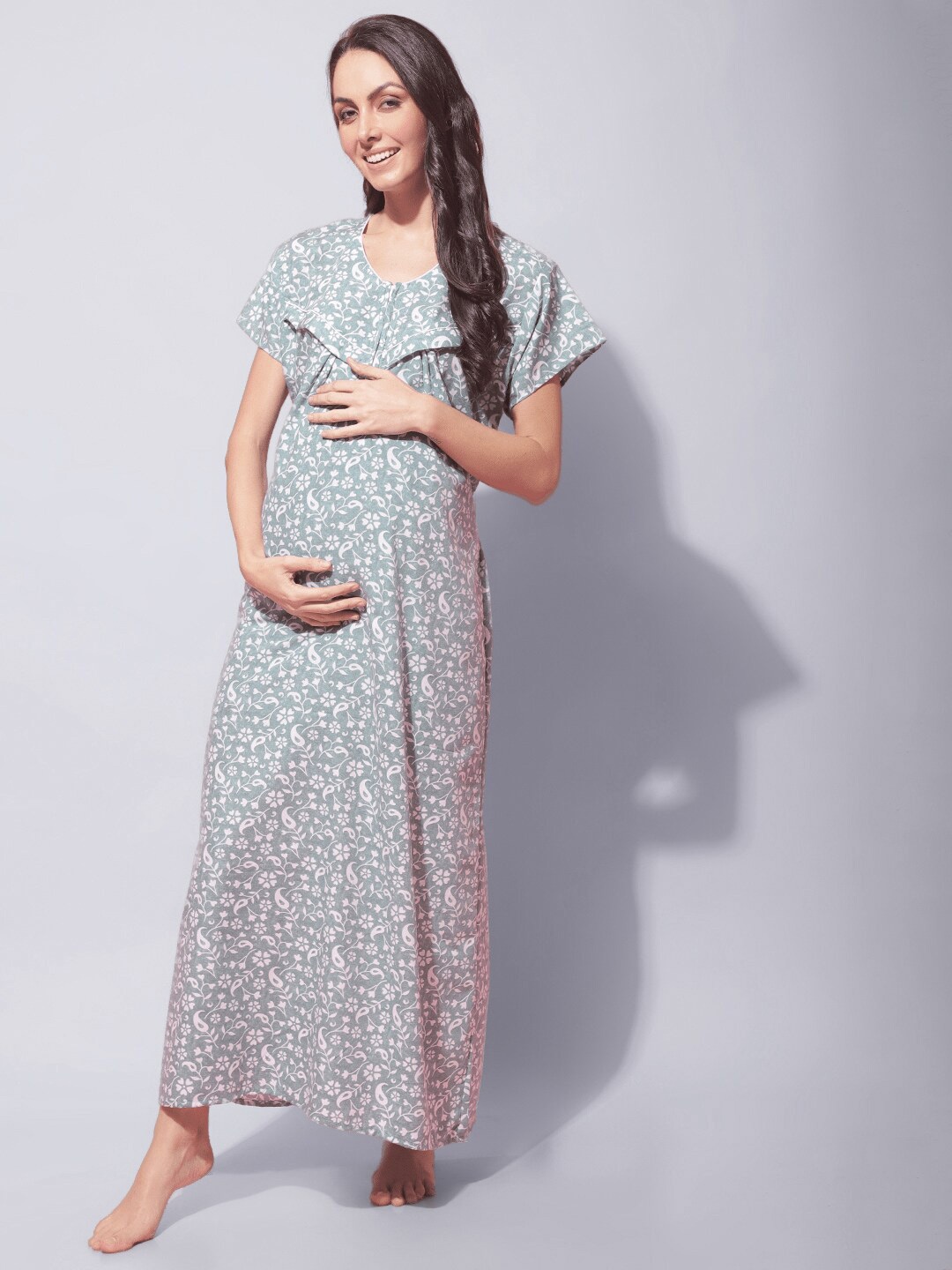 

Secret Wish Maternity Floral Printed Pure Cotton Maternity Maxi Nightdress, Blue