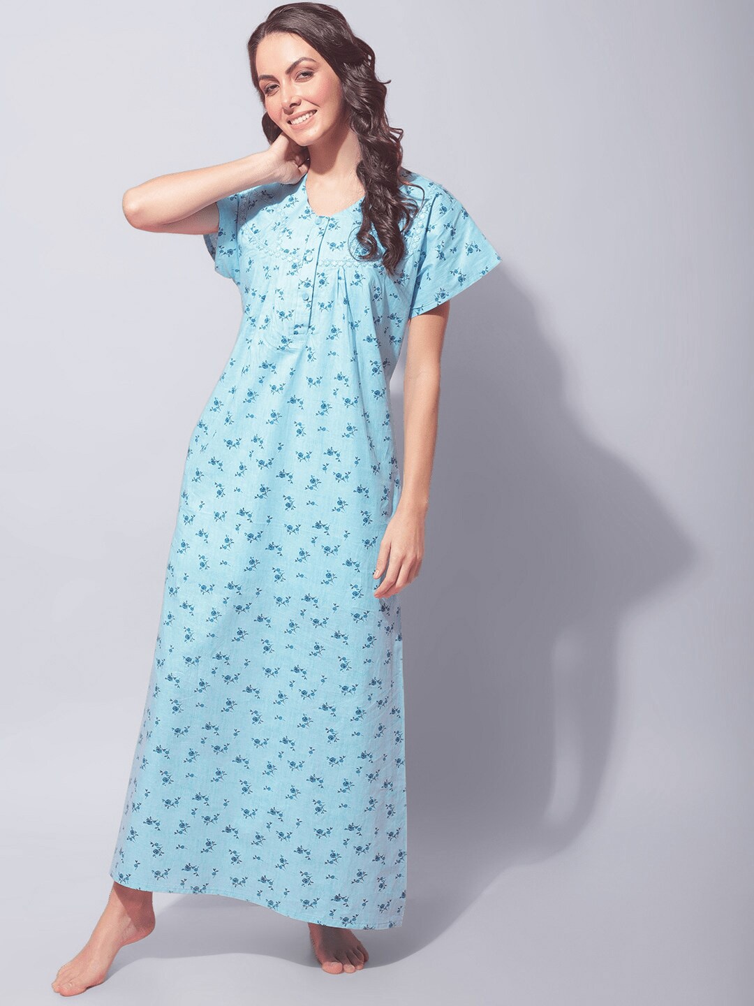 

Secret Wish Floral Printed Pure Cotton Maxi Nightdress, Blue