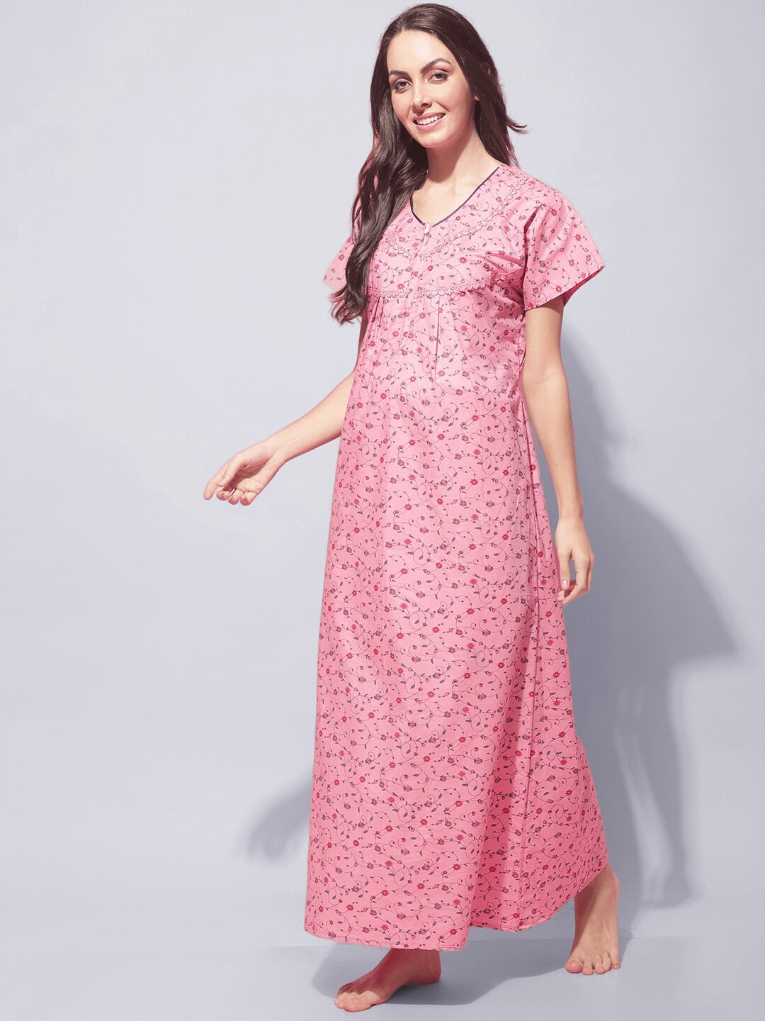 

Secret Wish Floral Printed Pure Cotton Maxi Nightdress, Pink