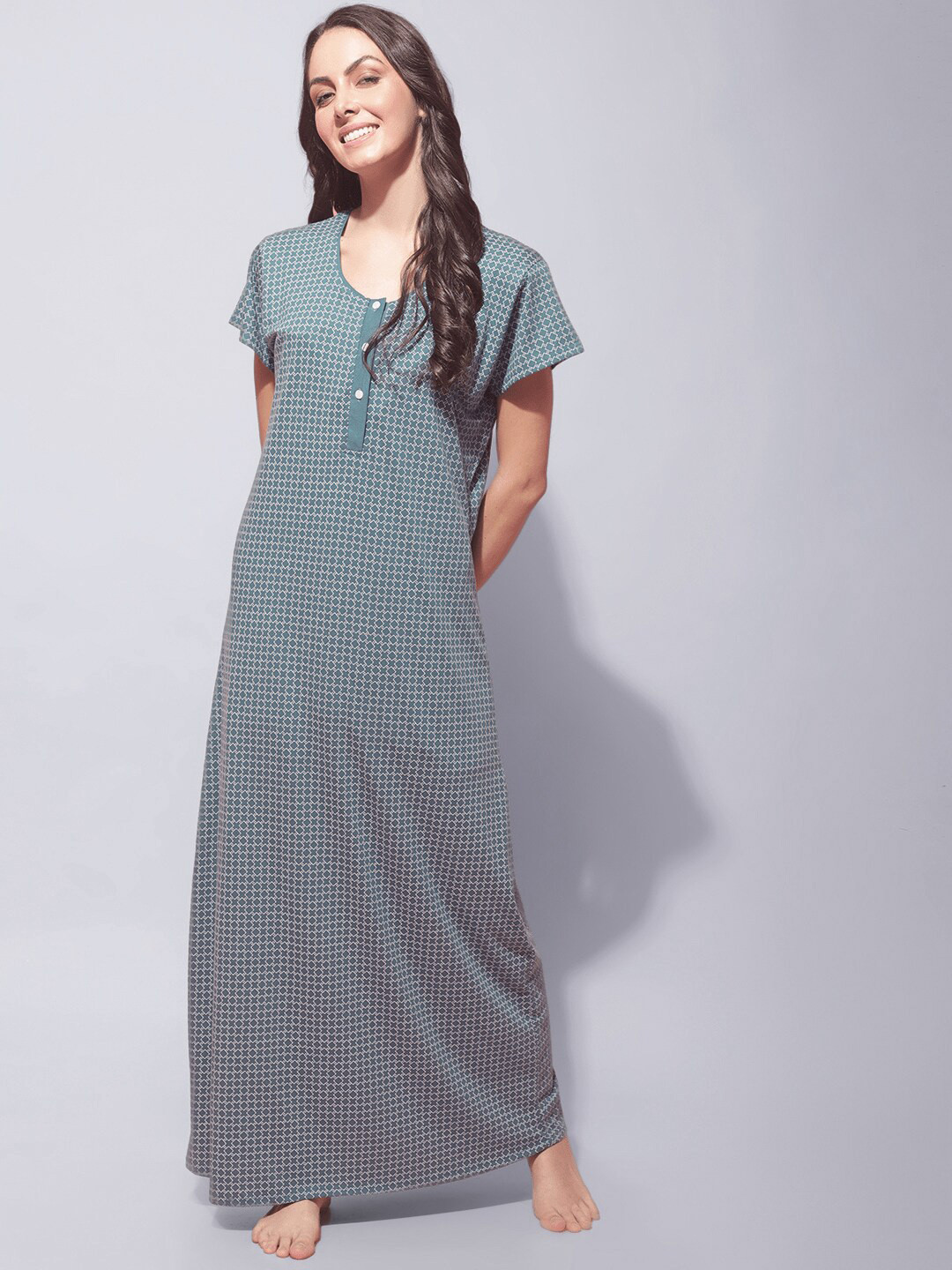 

Secret Wish Geometric Printed Pure Cotton Maxi Nightdress, Blue