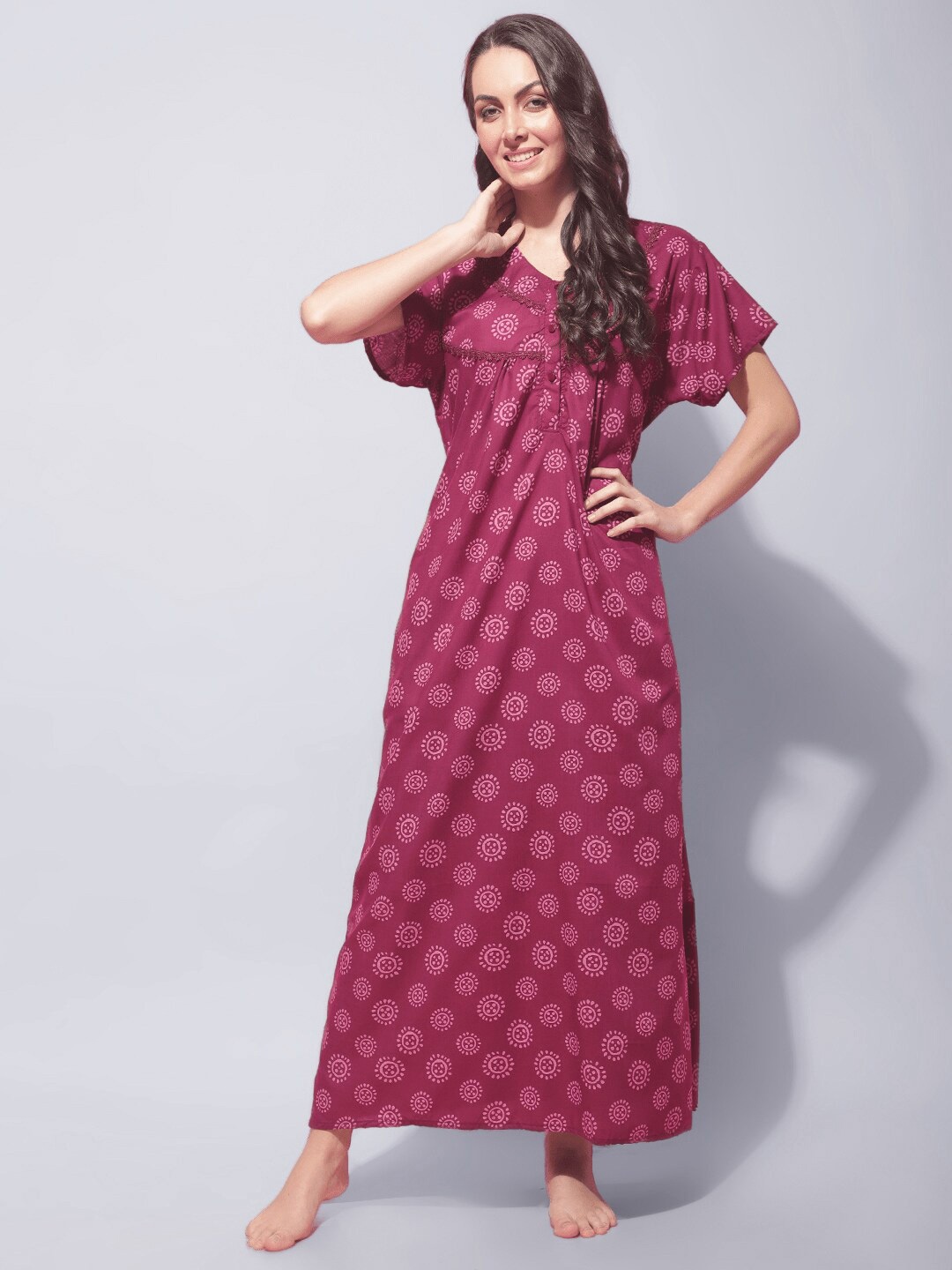 

Secret Wish Ethnic Motifs Printed Pure Cotton Maxi Nightdress, Pink