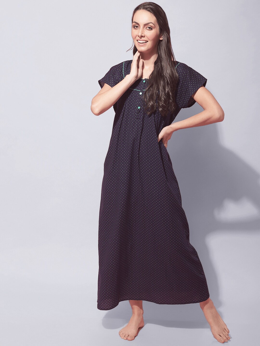 

Secret Wish Polka Dots Printed Pure Cotton Maxi Nightdress, Navy blue