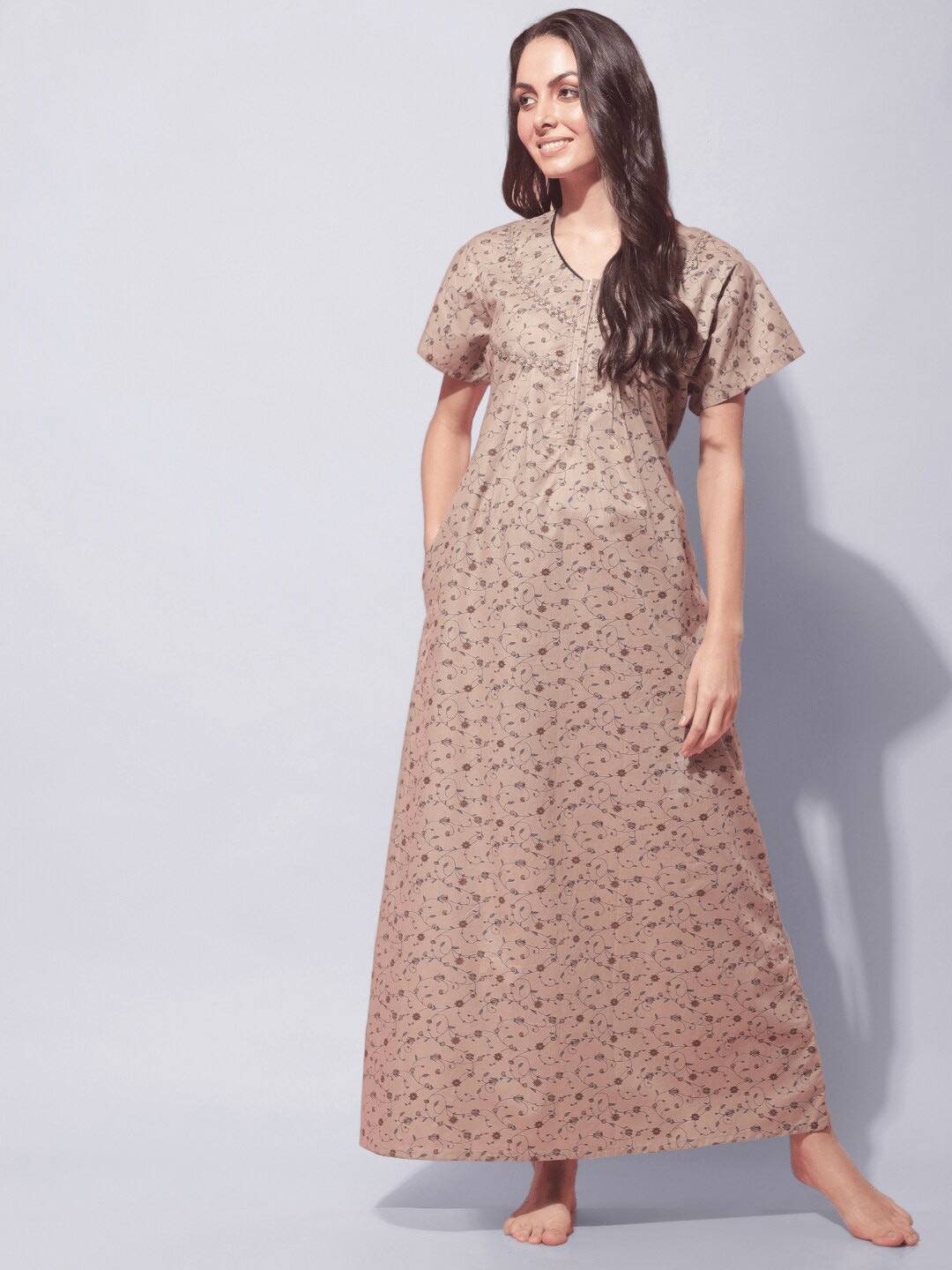 

Secret Wish Floral Printed Pure Cotton Maxi Nightdress, Beige