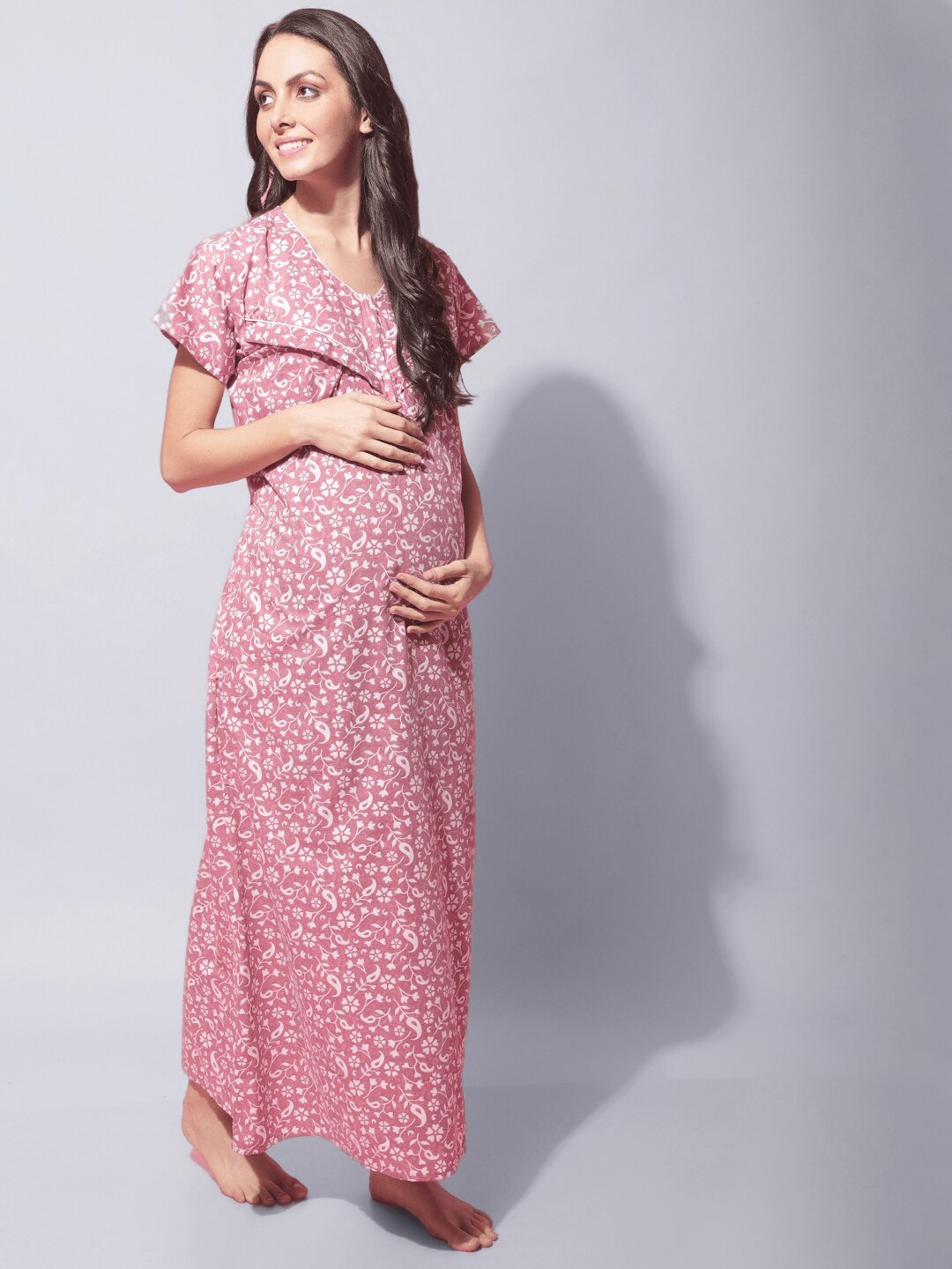 

Secret Wish Maternity Floral Printed Pure Cotton Maxi Nightdress, Pink