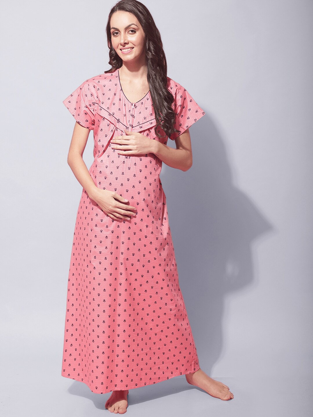 

Secret Wish Maternity Floral Printed Pure Cotton Maxi Nightdress, Pink