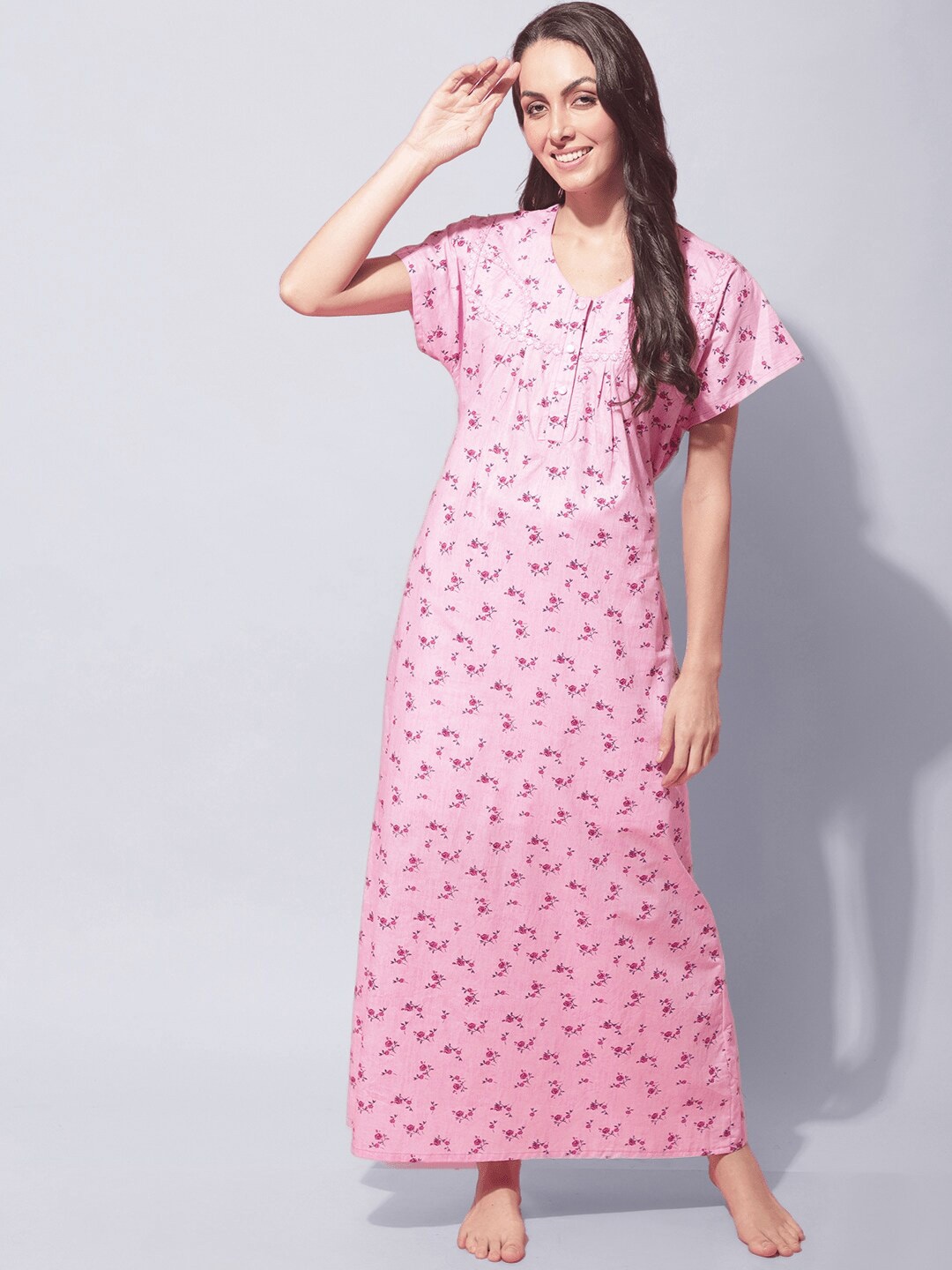 

Secret Wish Floral Printed Pure Cotton Maxi Nightdress, Pink