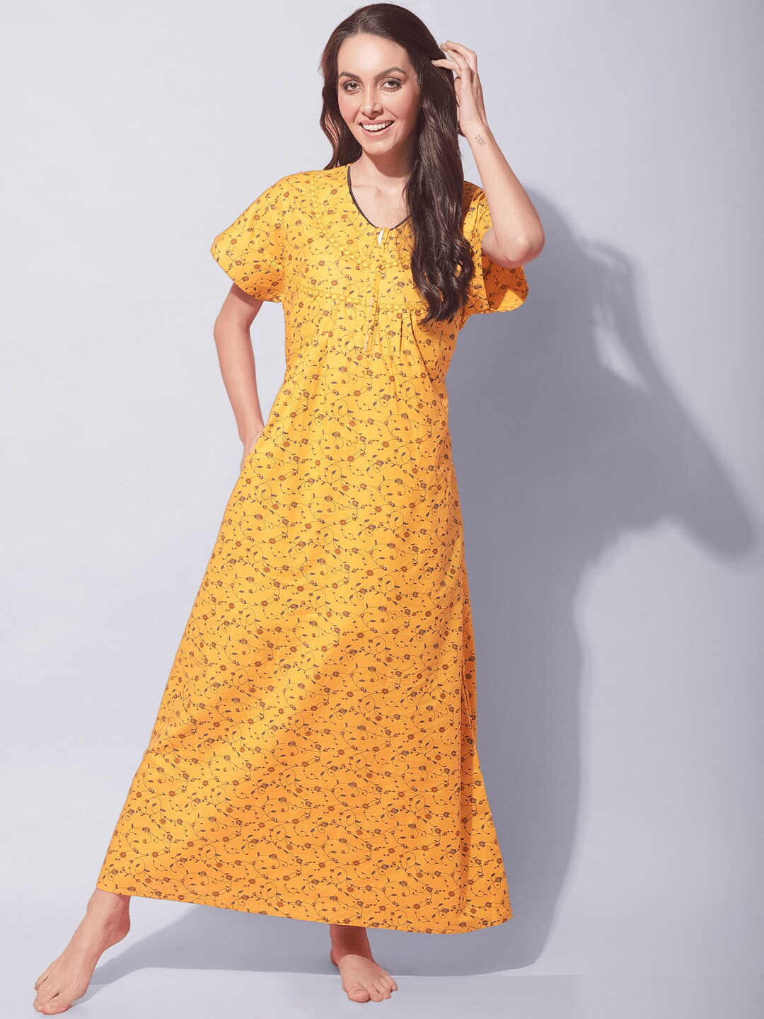 

Secret Wish Floral Printed Pure Cotton Maxi Nightdress, Yellow