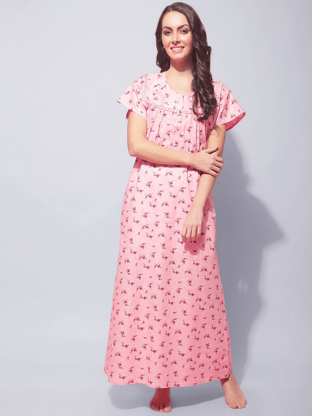 

Secret Wish Floral Printed Pure Cotton Maxi Nightdress, Pink