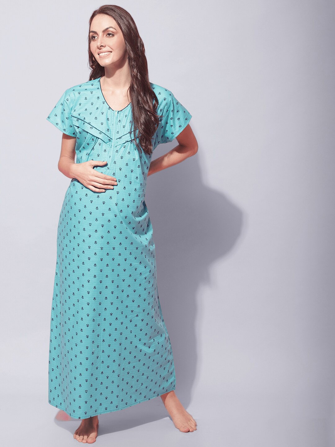 

Secret Wish Maternity Floral Printed Pure Cotton Maternity Maxi Nightdress, Blue