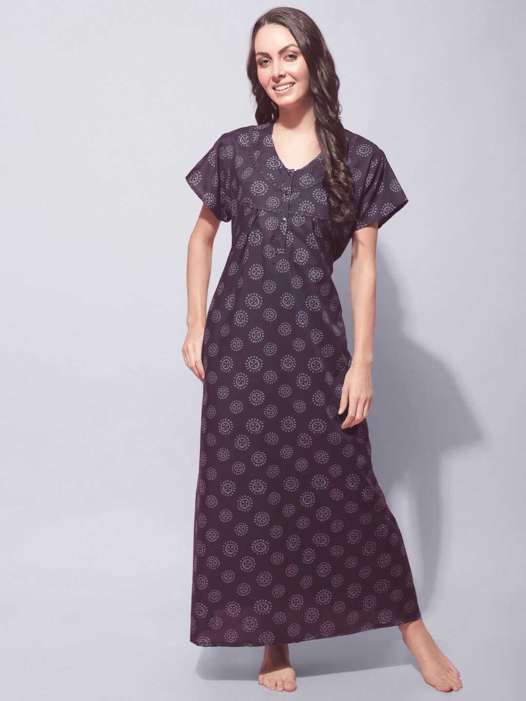 

Secret Wish Ethnic Motifs Printed Pure Cotton Maxi Nightdress, Blue