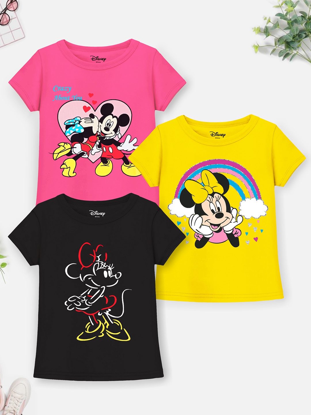 

YK Disney Girls Pack of 3 Minnie Mouse Printed Cotton T-shirts, Black