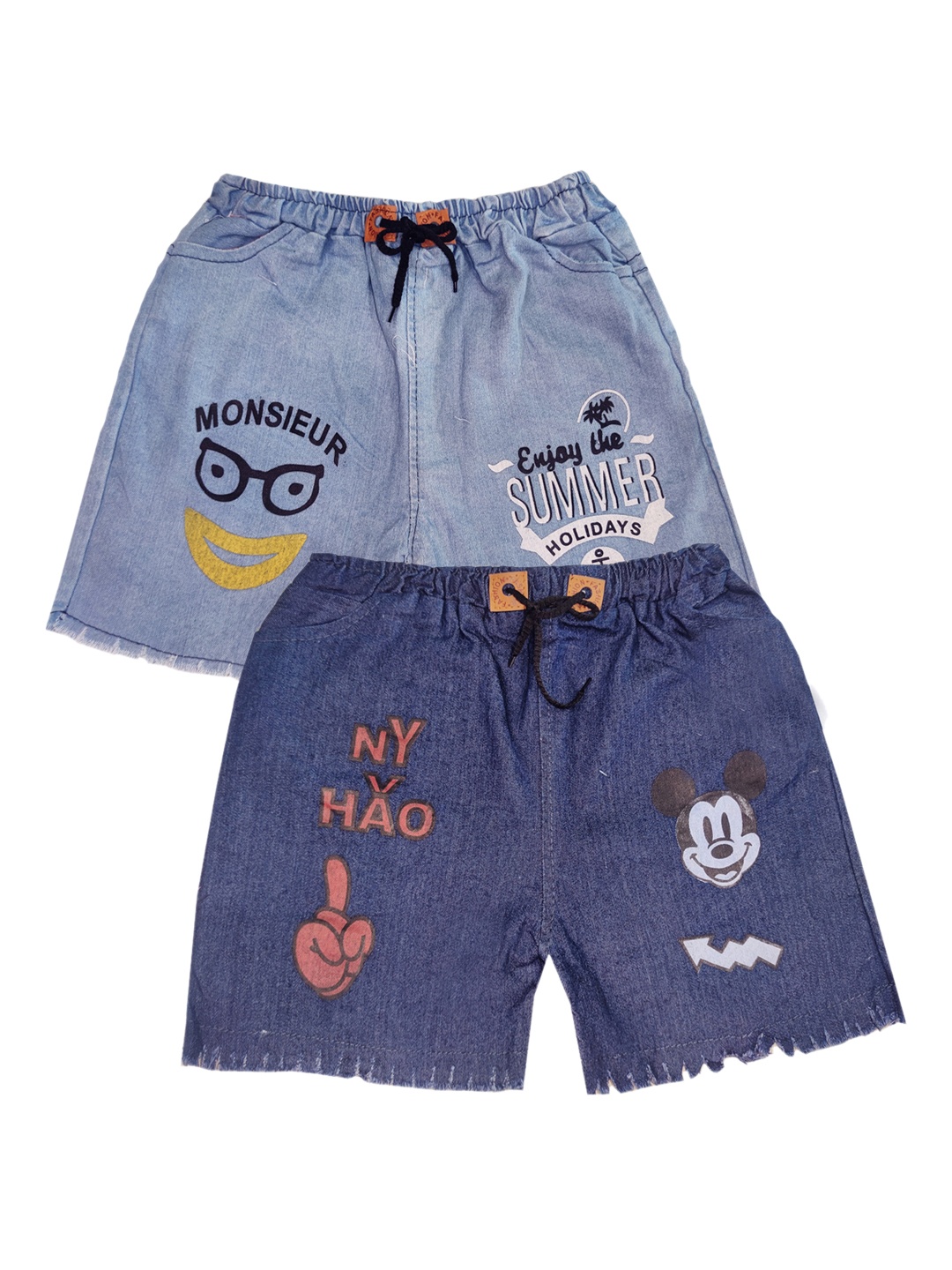 

PINVE Girls Pack Of 2 Mickey Mouse Printed Denim Shorts, Blue