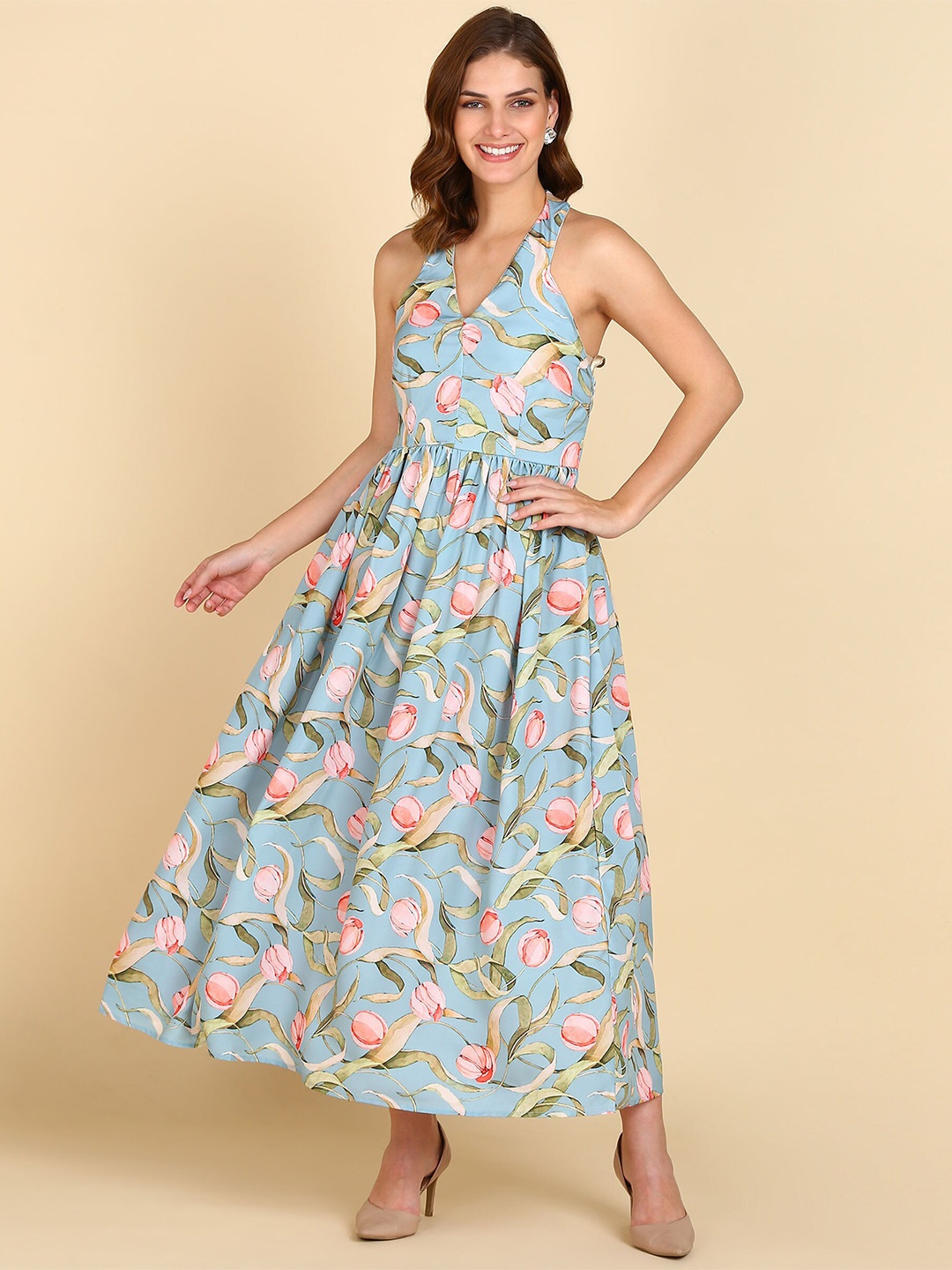 

ZNX Clothing Halter Neck Floral Printed Crepe Fit And Flare Dress, Sea green
