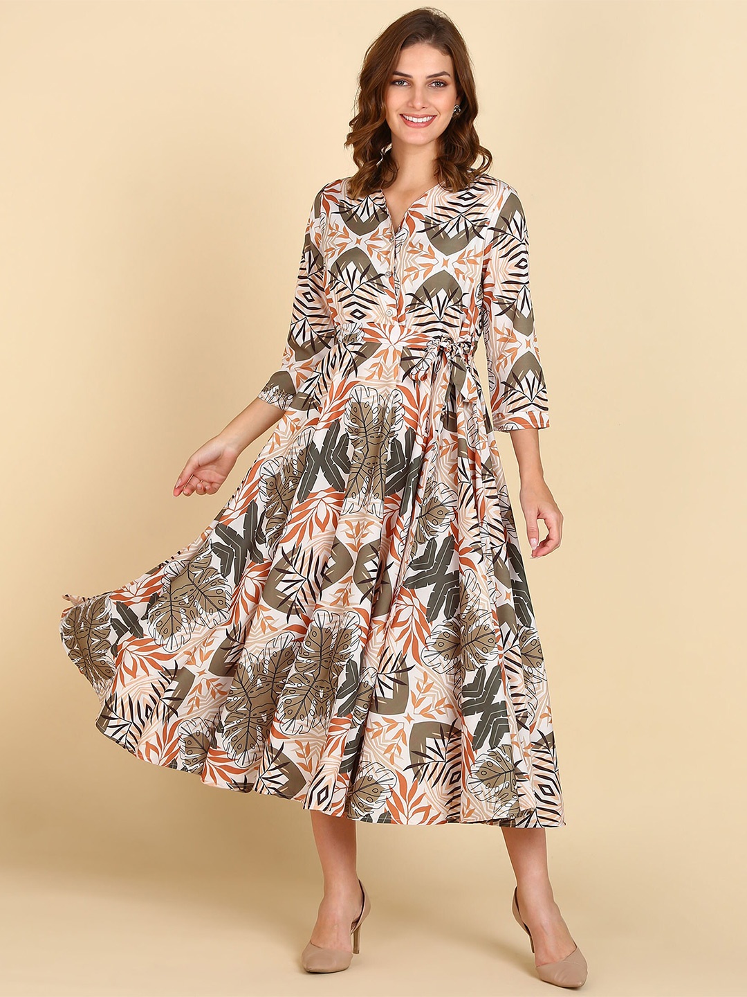 

ZNX Clothing Band Collar Floral Printed Crepe Fit & Flare Midi Dress With Belt, Cream