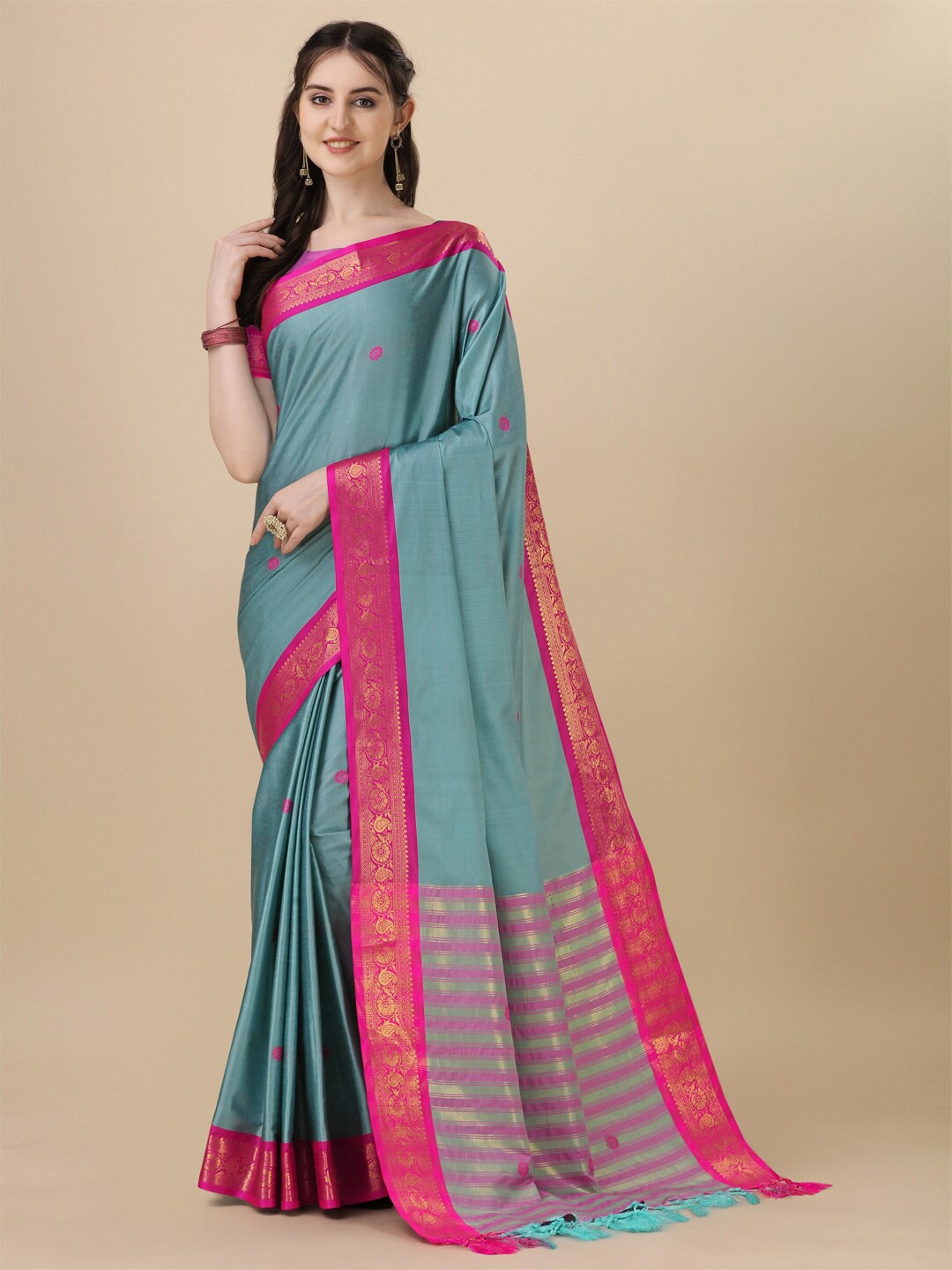 

KALINI Floral Woven Design Silk Cotton Saree, Turquoise blue