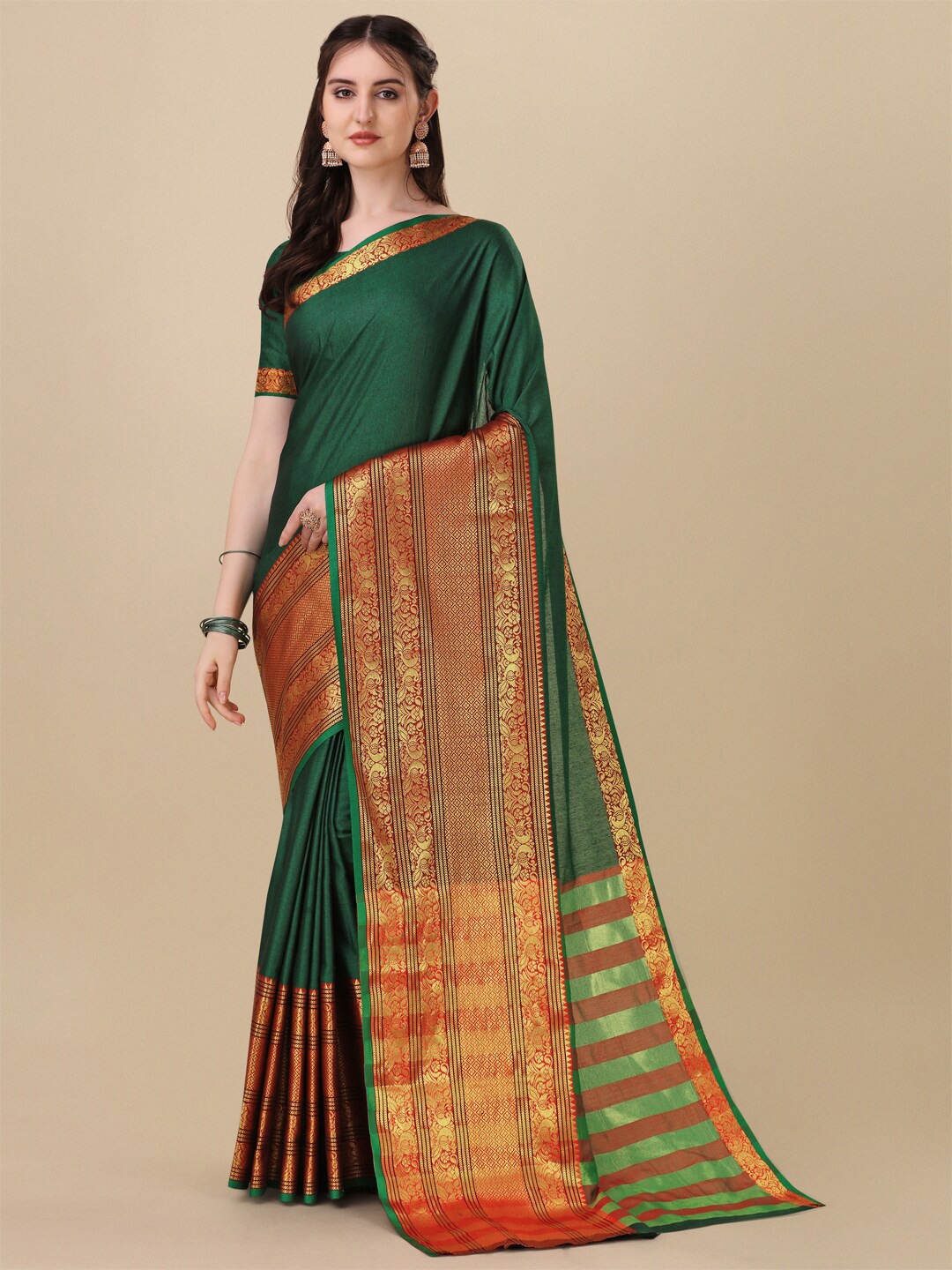 

Mitera Woven Design Zari Pure Cotton Saree, Green