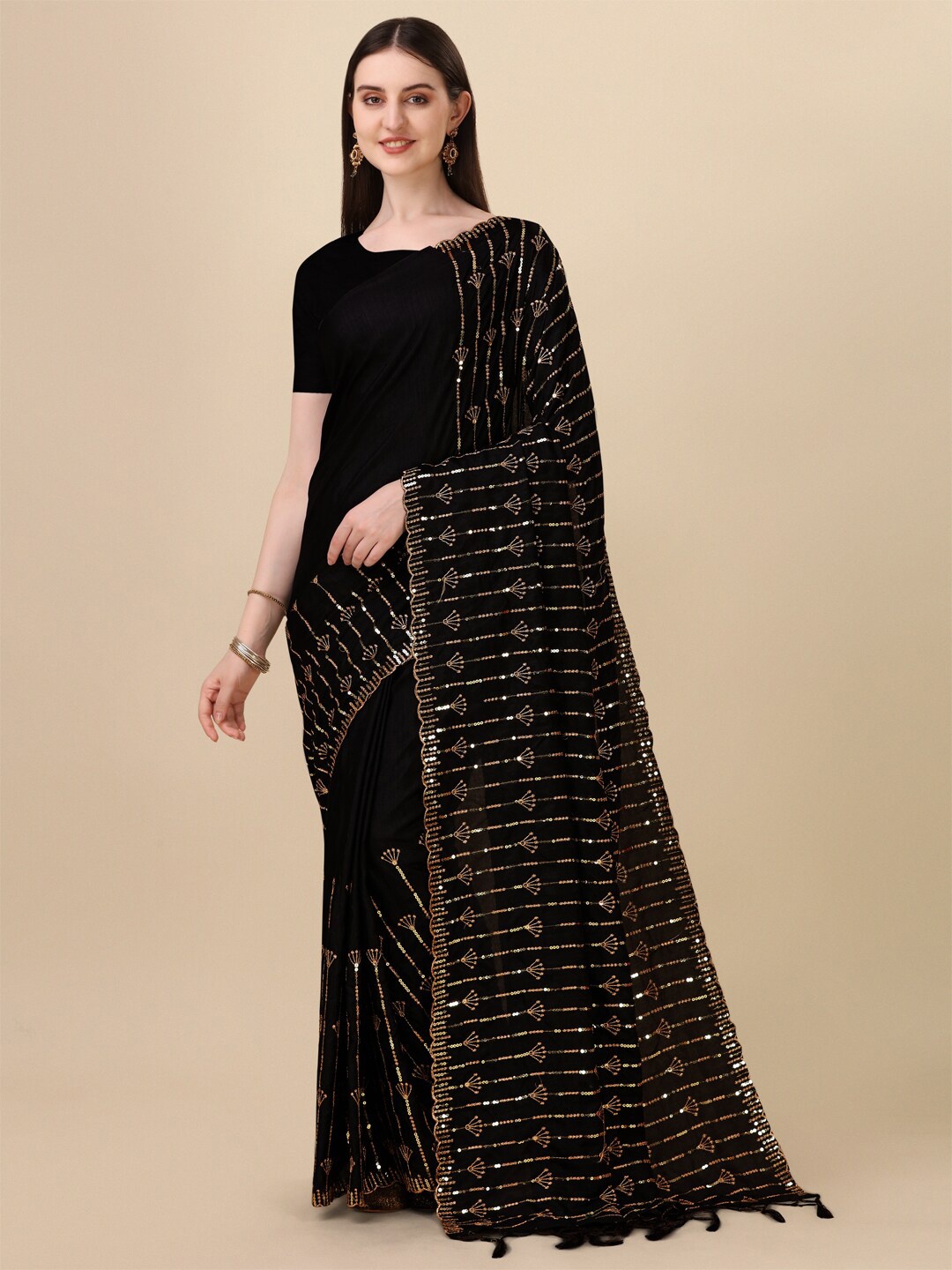 

Mitera Embroidered Sequinned Pure Silk Heavy Work Ilkal Saree, Black