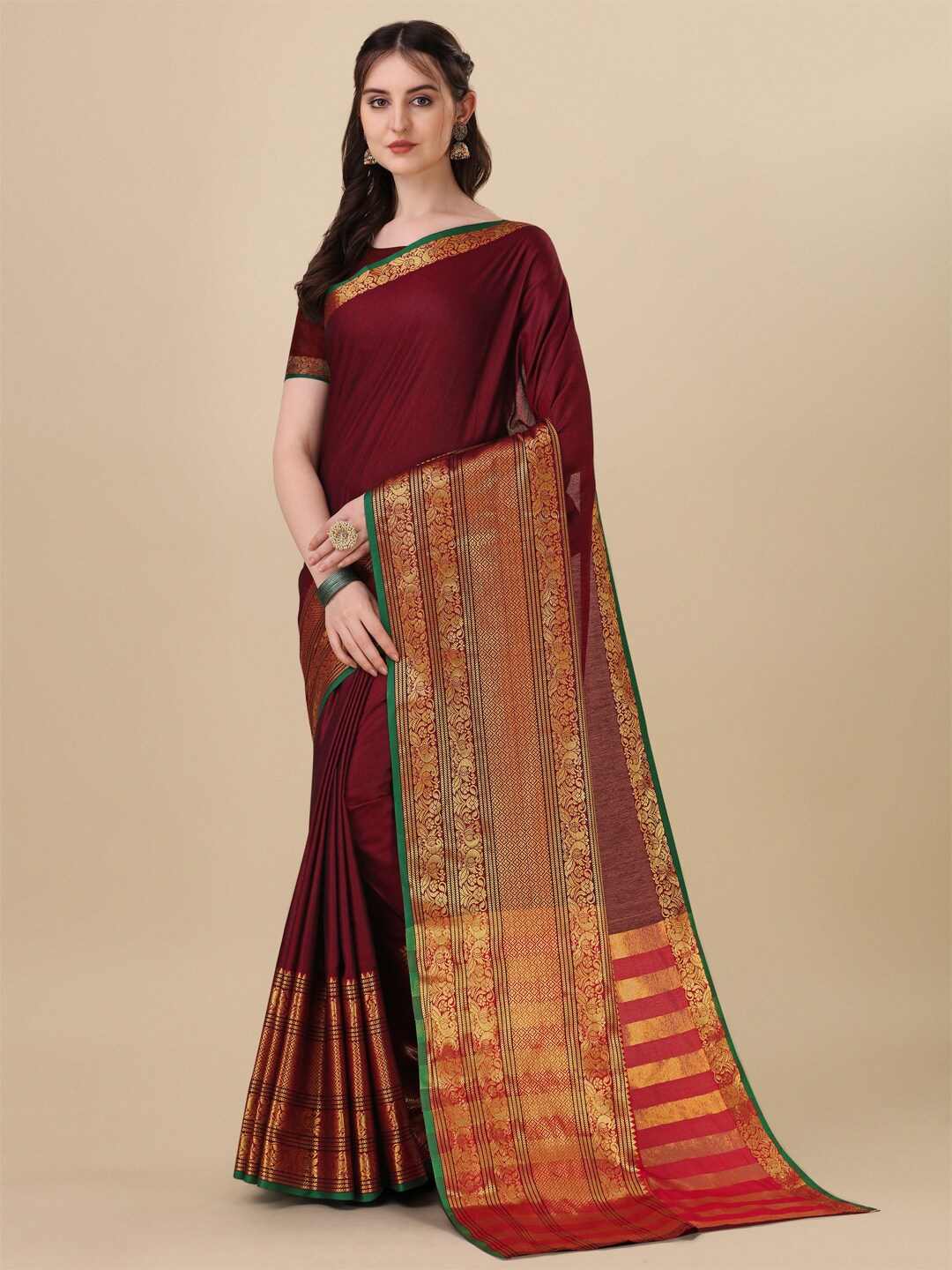 

Mitera Maroon & Green Zardozi Pure Cotton Narayan Peth Saree