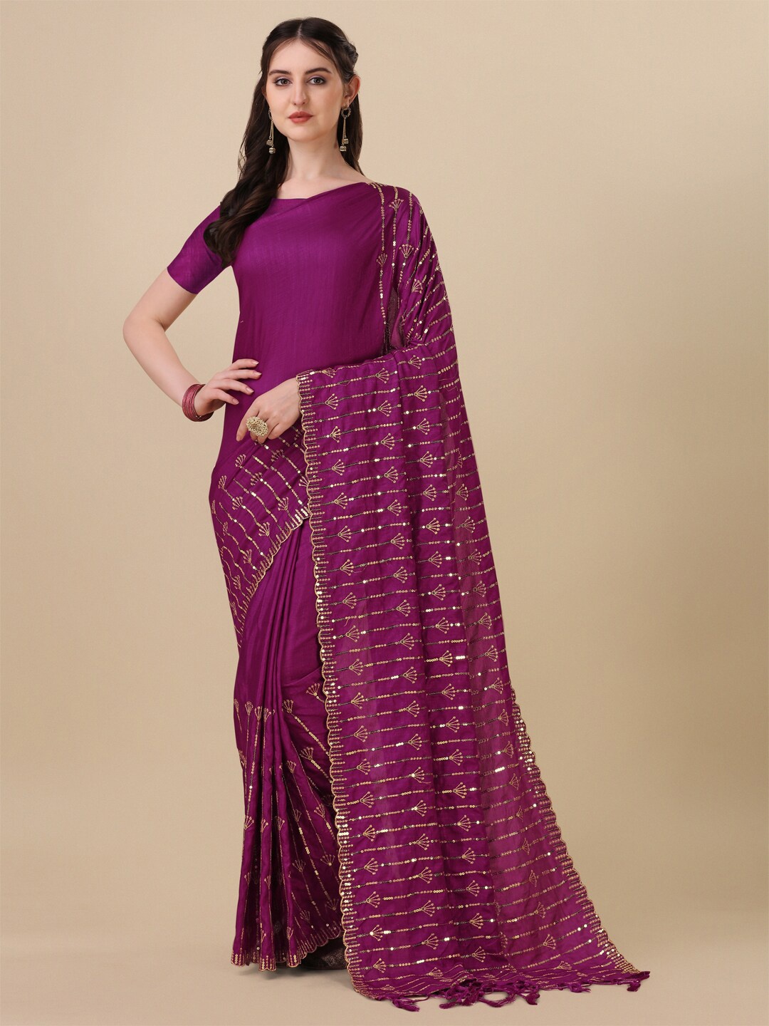 

Mitera Embroidered Sequinned Pure Silk Heavy Work Ilkal Saree, Magenta