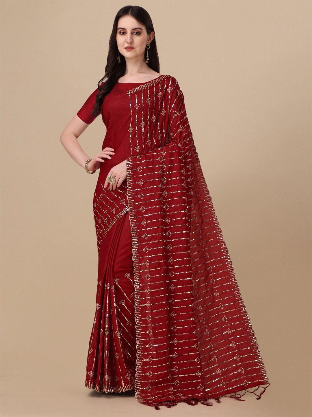 

Mitera Embellished Embroidered Sequinned Pure Silk Saree, Maroon
