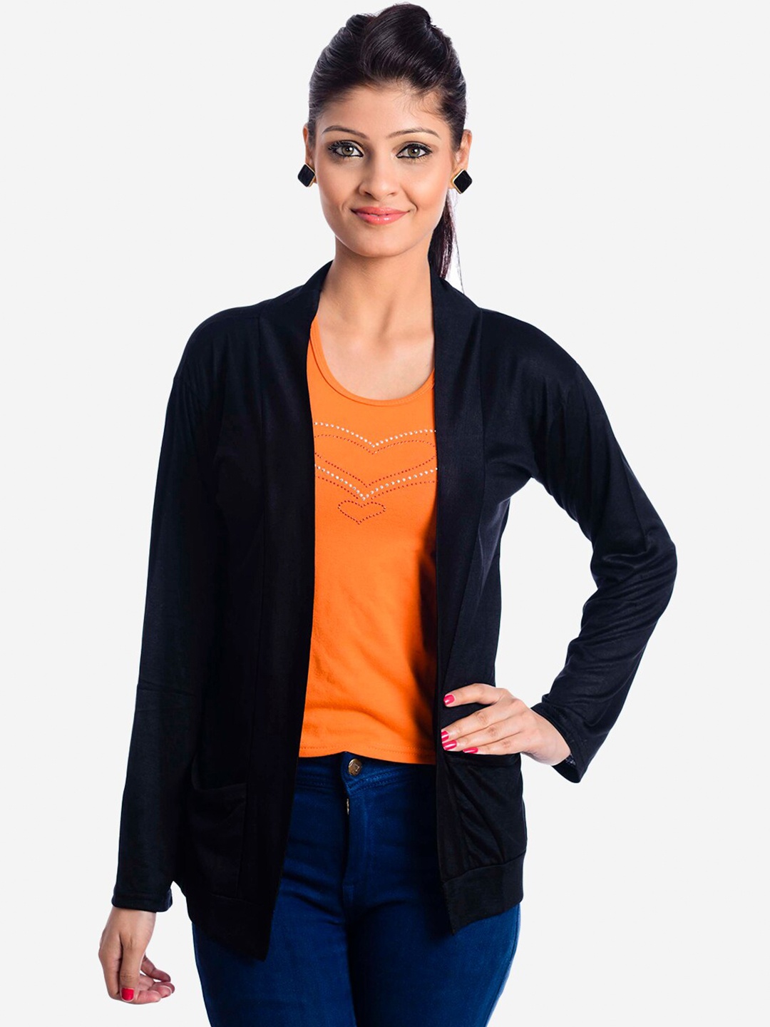 

TEEMOODS Women Open Front Full Sleeves Shrug, Black