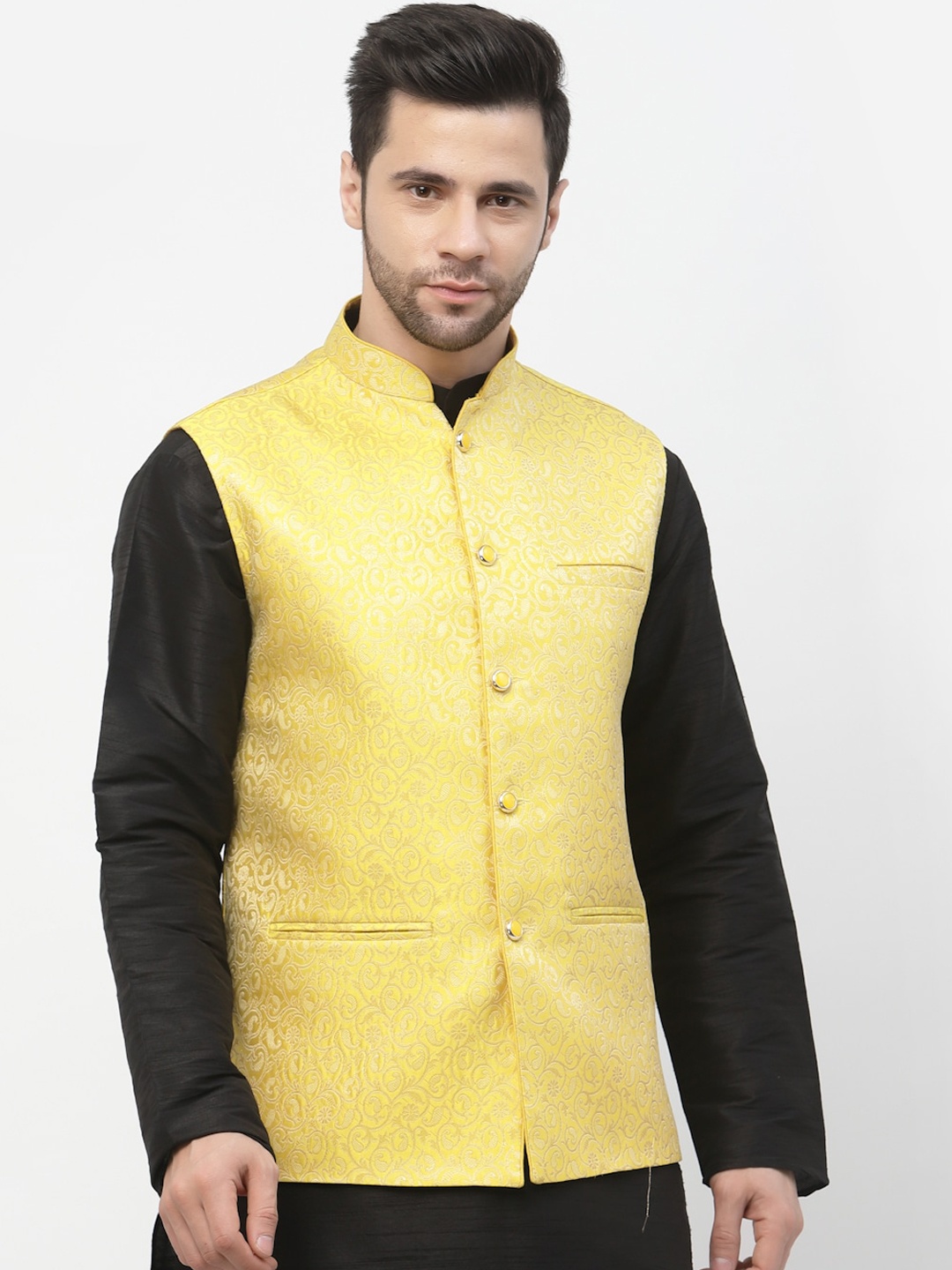 

Badoliya & Sons Men Zari Woven-Design Nehru Jacket, Yellow