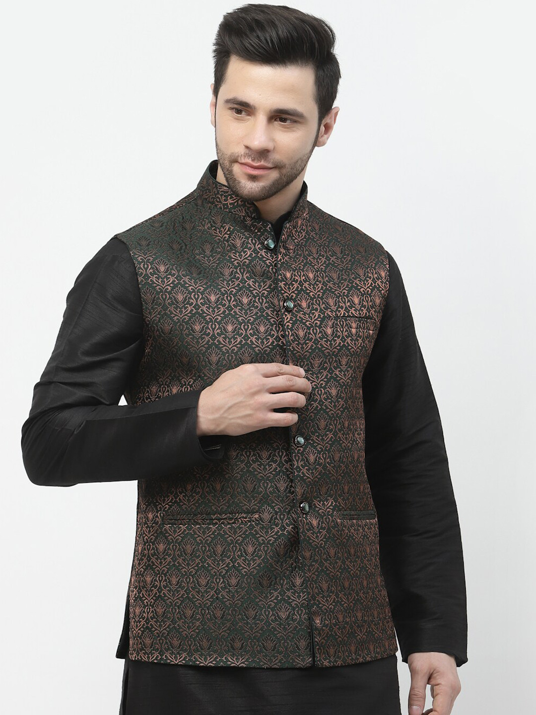 

Badoliya & Sons Ethnic Motifs Zari Woven Design Nehru Jacket, Olive