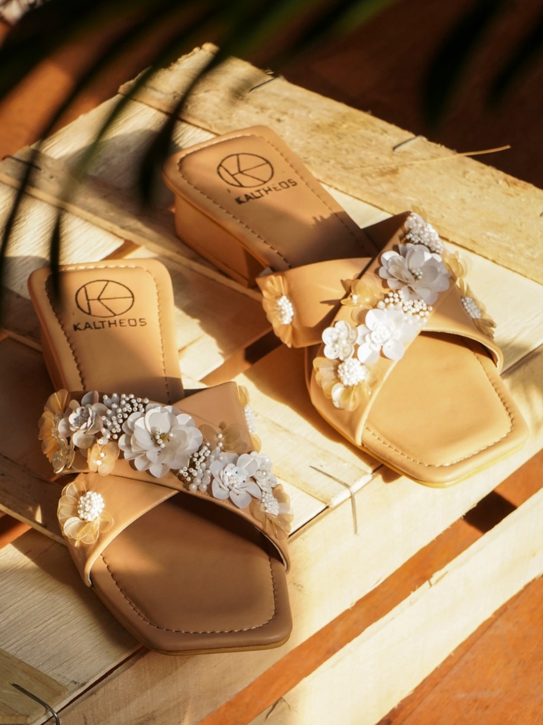 

KALTHEOS Women Embellished Open Toes Block Heels, Beige