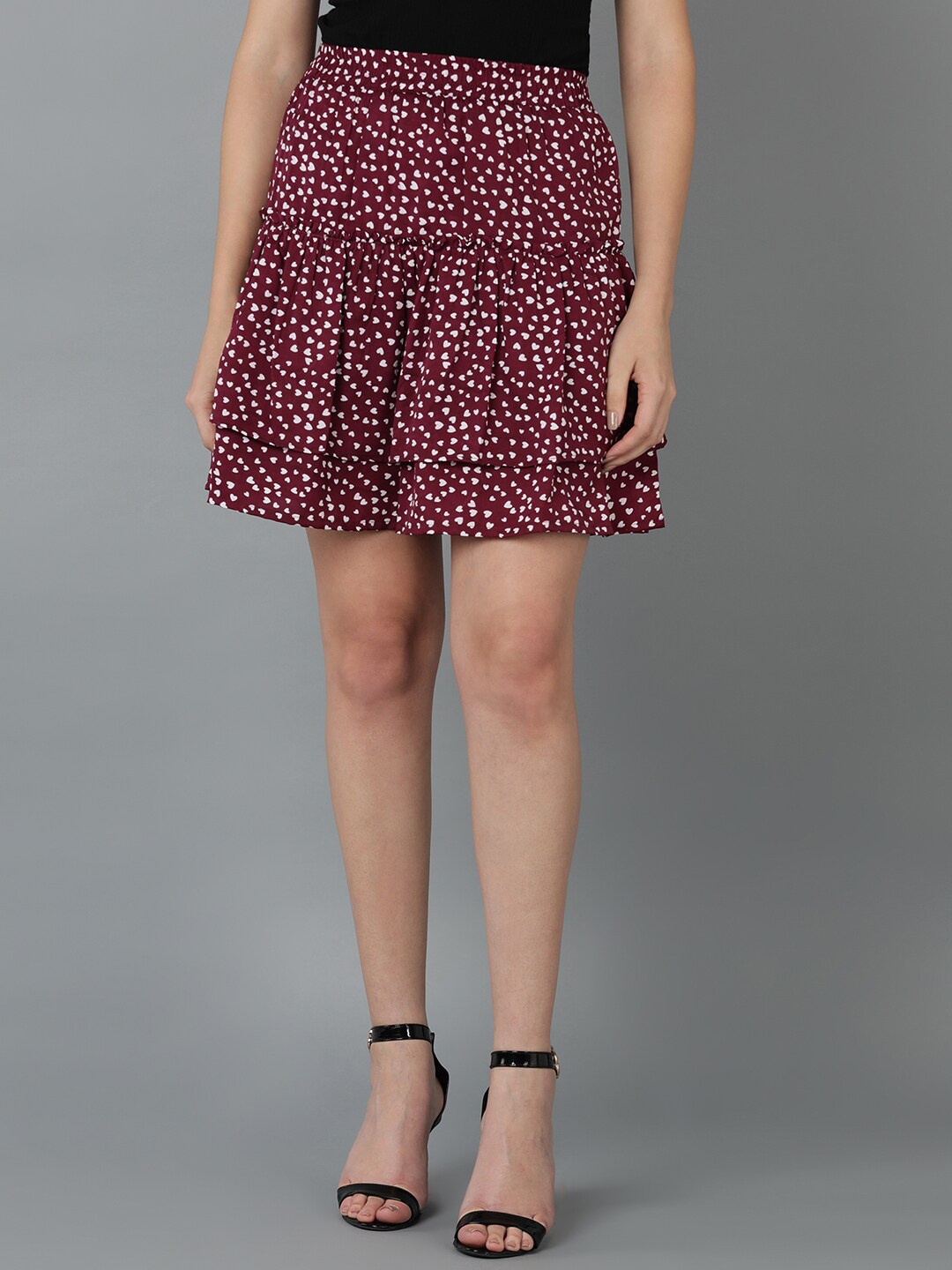 

VAHSON Graphic Printed Crepe Layered Mini A-Line Skirt, Maroon
